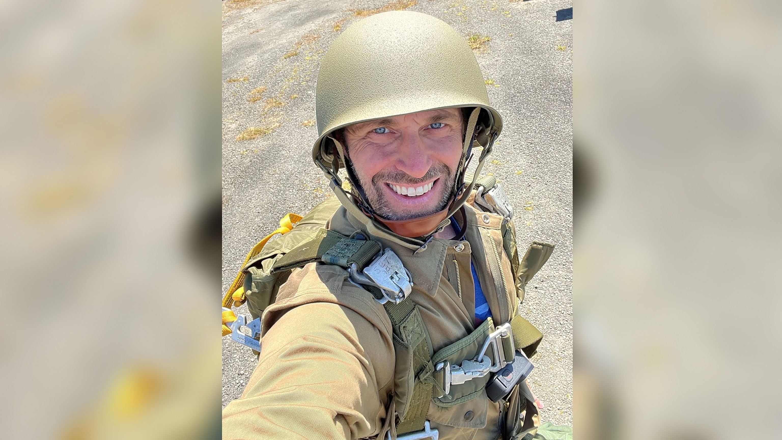 PHOTO: Rep. Jason Crow, who is also a U.S. military veteran, shares a selfie showing preparation for a commemorative parachute jump to mark the 80th anniversary of D-Day in Normandy, France, June 7, 2024.