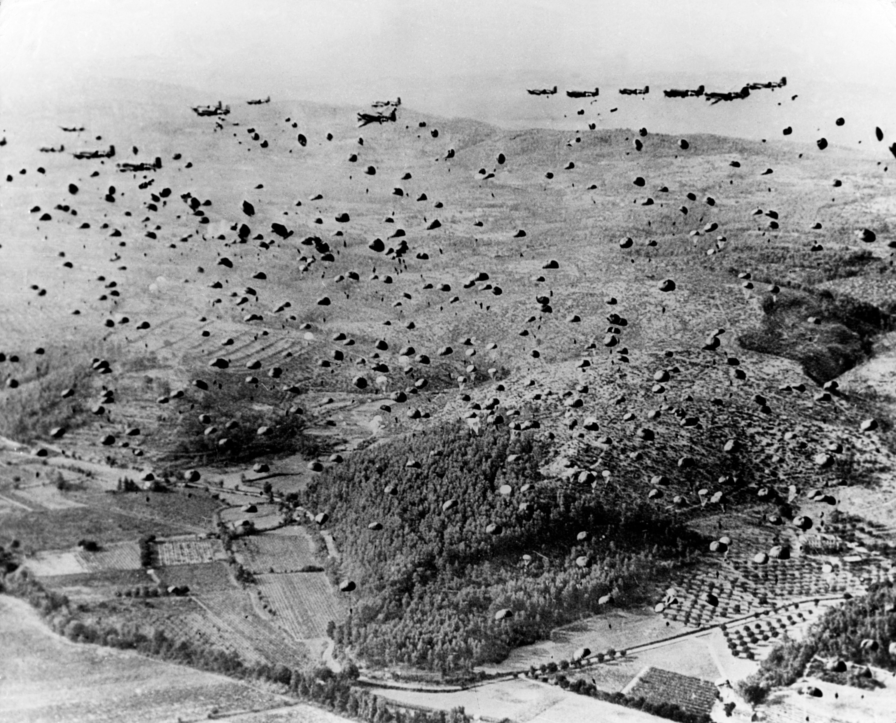 PHOTO: Hundreds of American paratroopers drop into Normandy, France on or near D-Day, June 6, 1944. 