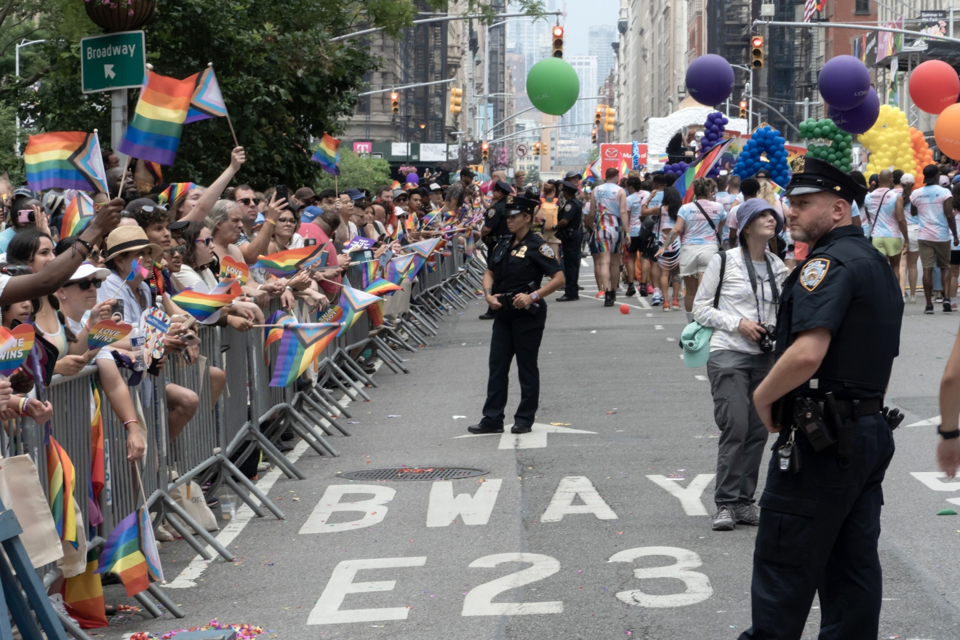 PHOTO: In this June 25, 2023, file photo, a large crowd watches the NYC Pride March 2023 on 5th Avenue, near 24th Street, in the Flatiron district of New York.