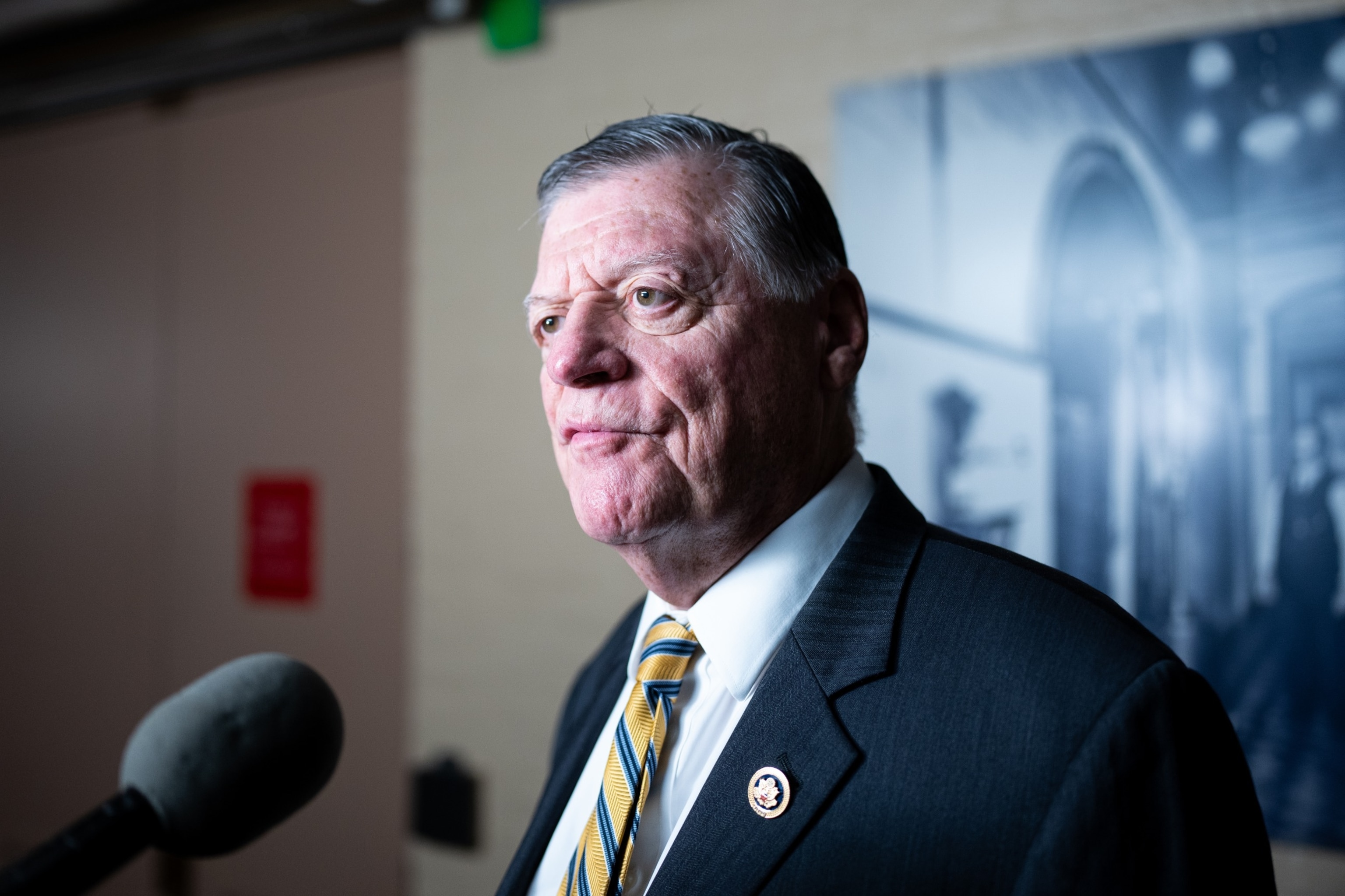 PHOTO: Rep. Tom Cole speaks to a reporter as he arrives for the House Republican Conference caucus meeting in the Capitol, May 22, 2024.