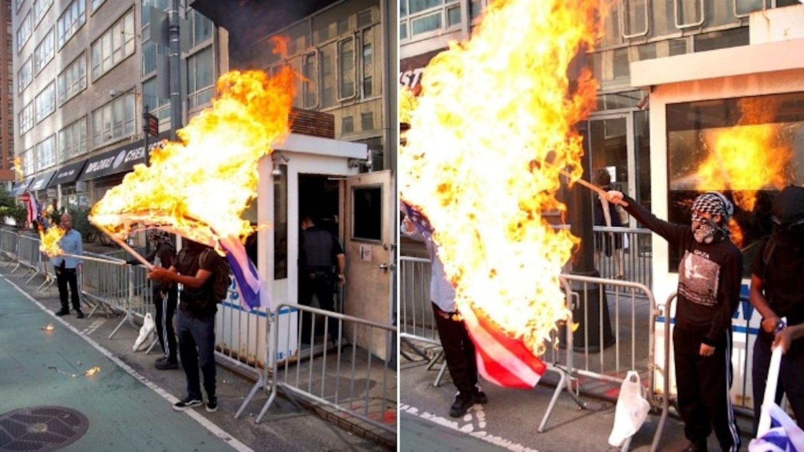 One person arrested and two suspects remain at large for burning American and Israeli flags outside the Israeli consulate in New York