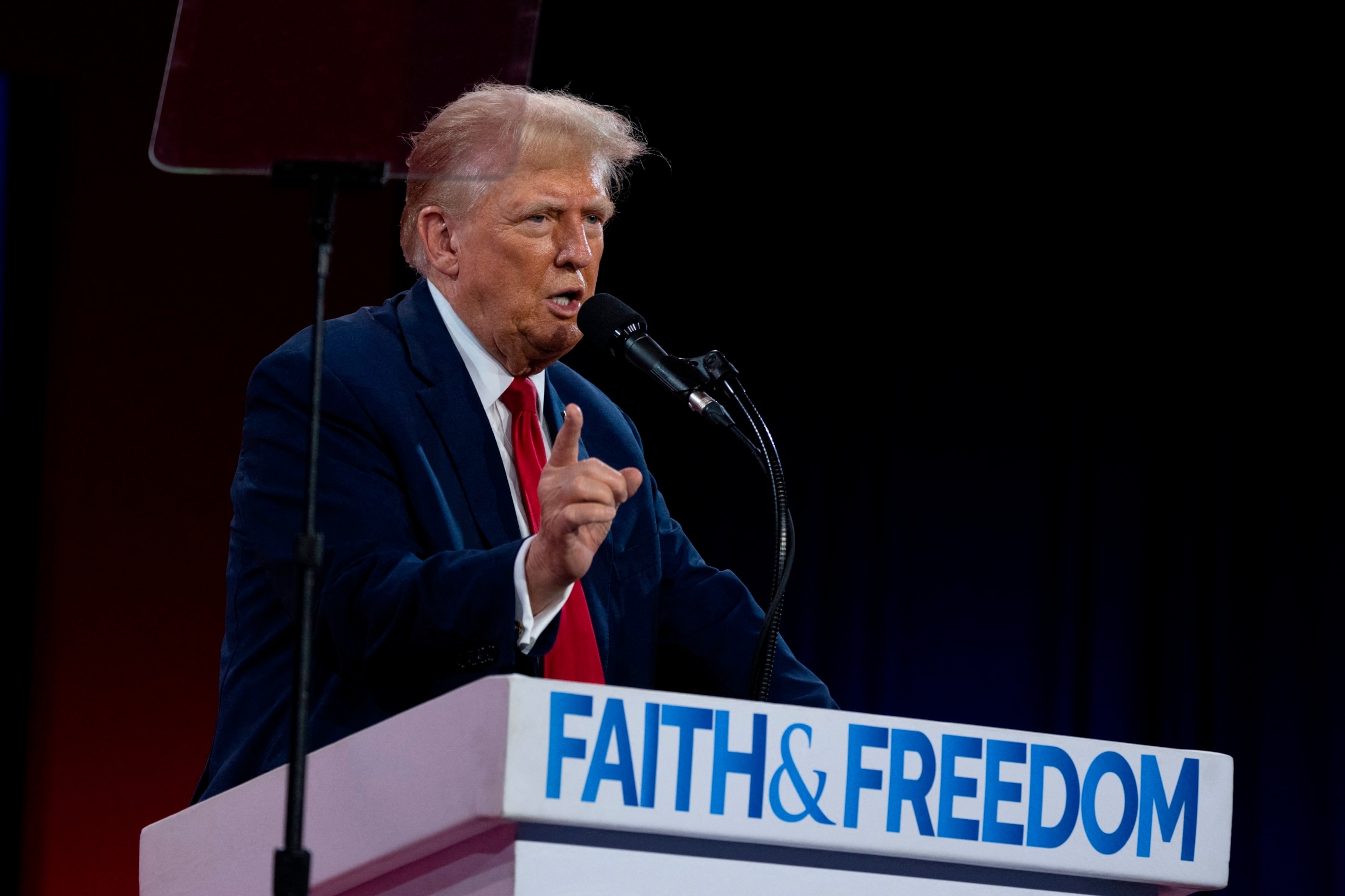 PHOTO: Former President and Republican presidential candidate Donald Trump delivers the keynote address at the Faith & Freedom Coalition's 2024 Road to Majority Conference in Washington, D.C., June 22, 2024. 