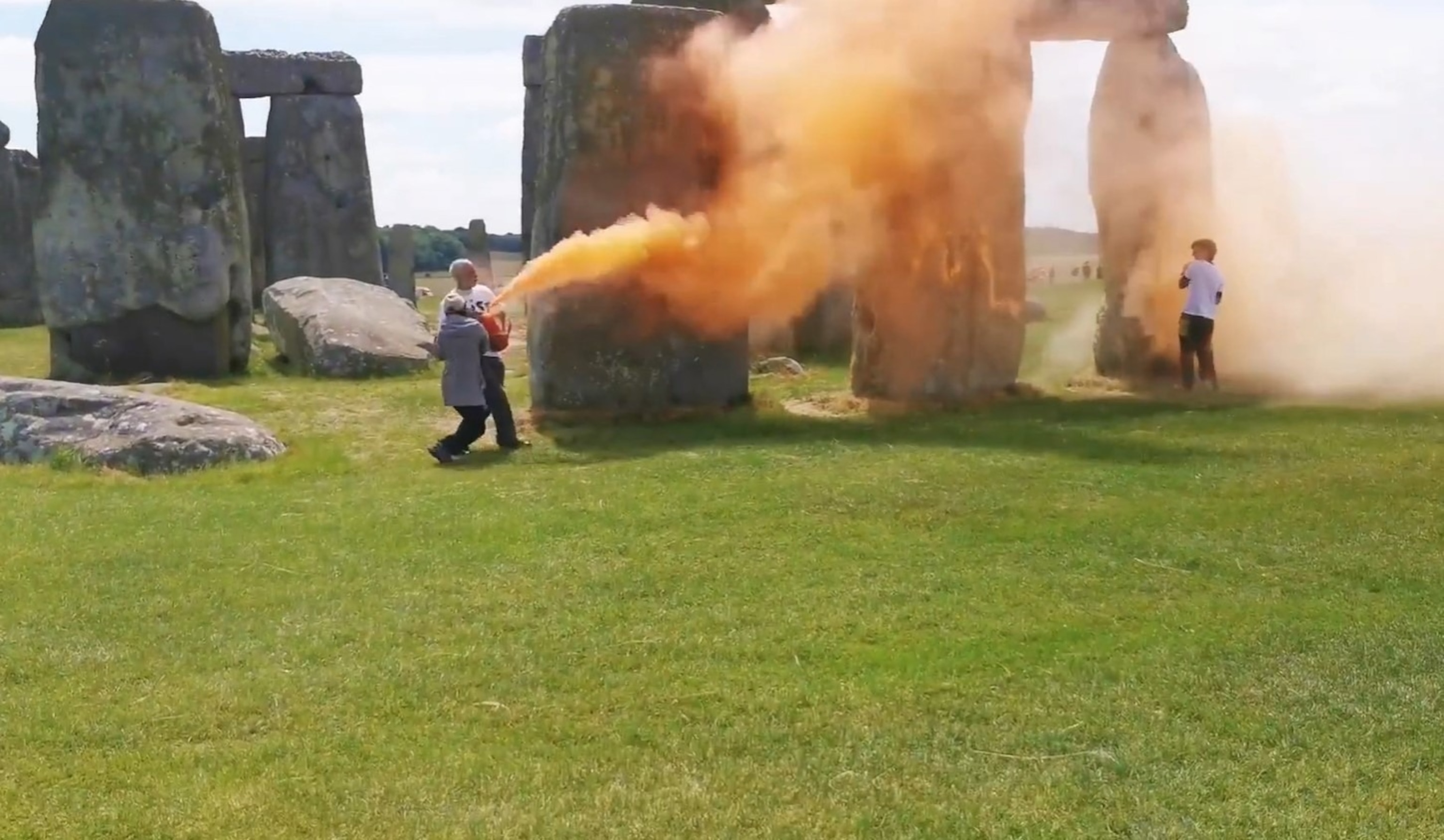 PHOTO: Climate protesters spray orange material on Stonehenge in the United Kingdom on June 19, 2024.