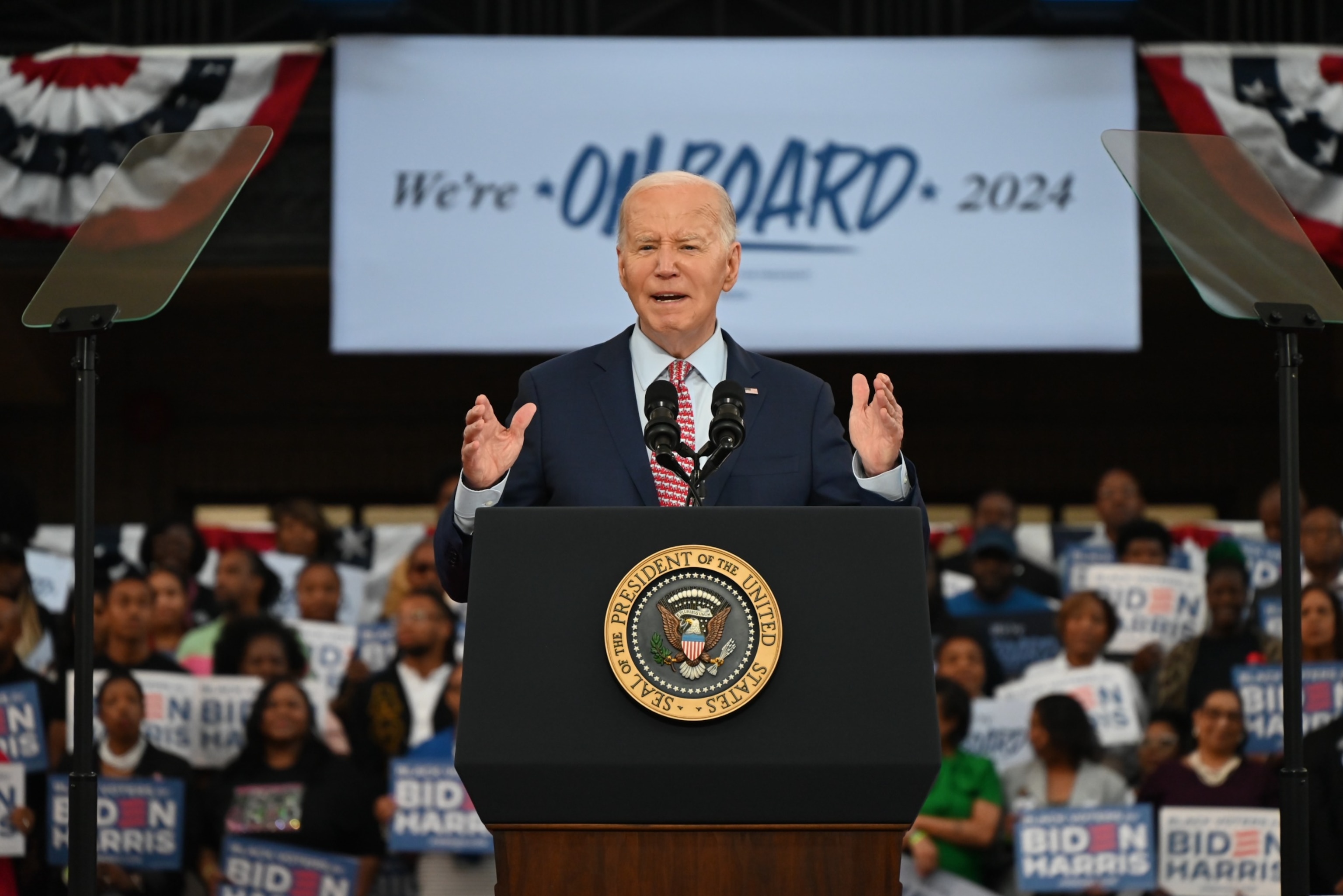 PHOTO: President of the United States Joe Biden speaks at a campaign rally with Vice President of the United States Kamala Harris at Girard College, May 29, 2024, in Philadelphia.