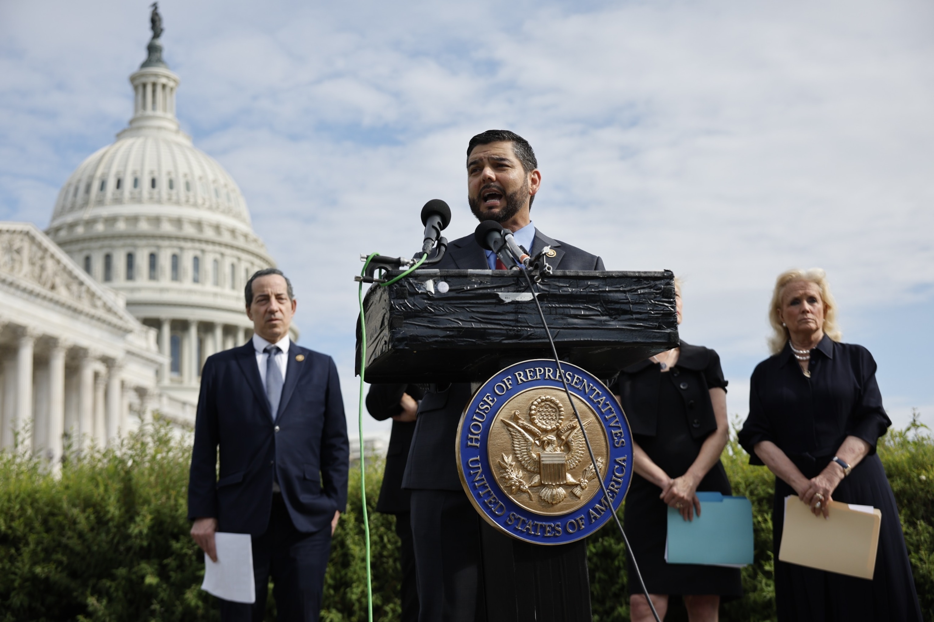 PHOTO: Rep. Raul Ruiz, joined by  Rep. Jamie Raskin and Rep. Debbie Dingell, speaks at a press conference ahead of Dr. Fauci's testimony before the House Select Subcommittee on the coronavirus pandemic at the U.S. Capitol in Washington, DC, June 03, 2024.