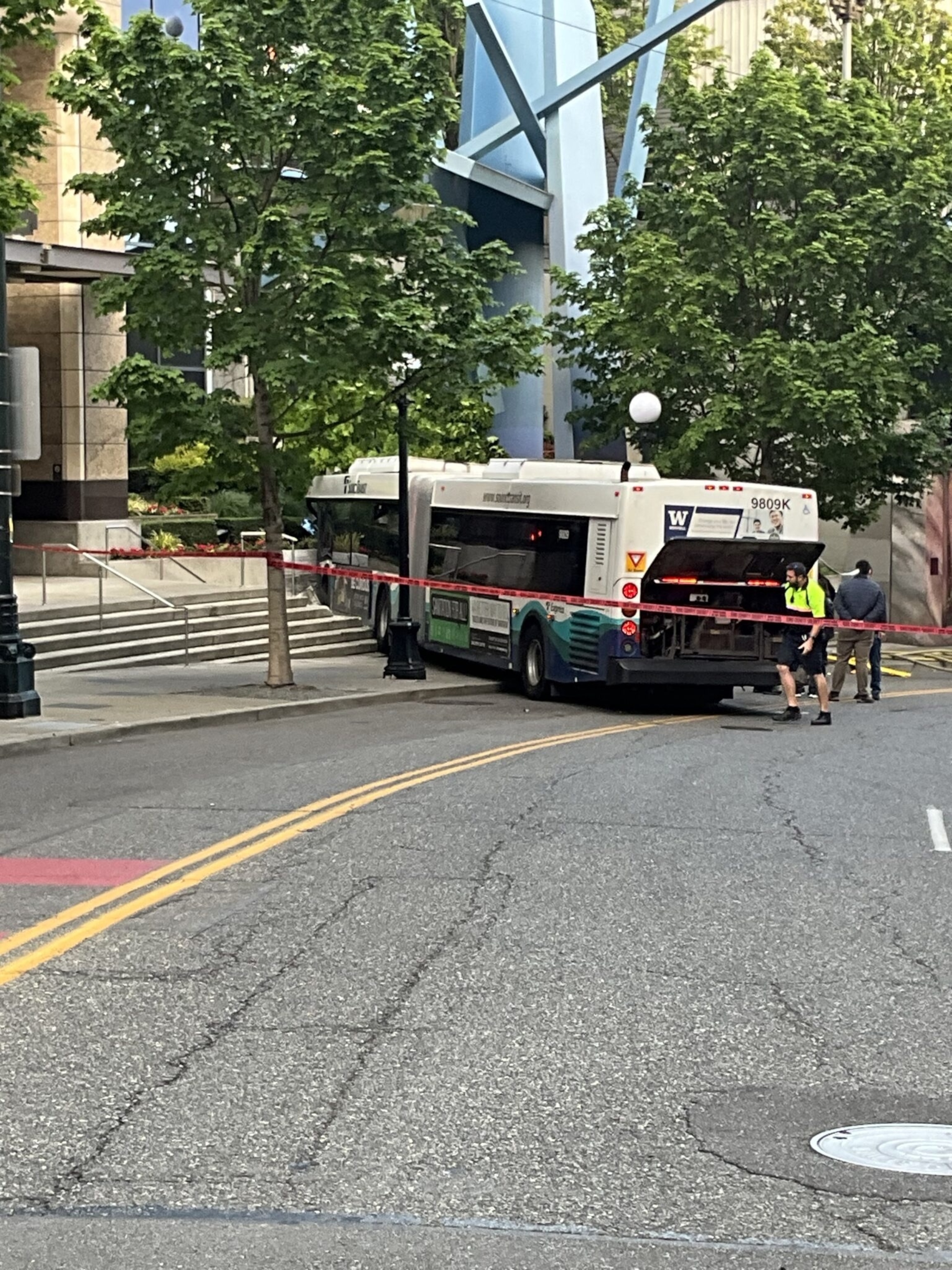 PHOTO: A Sound Transit public bus is seen in this photo after crashing on Saturday, June 22, 2024, into a building in downtown Seattle, Washington.