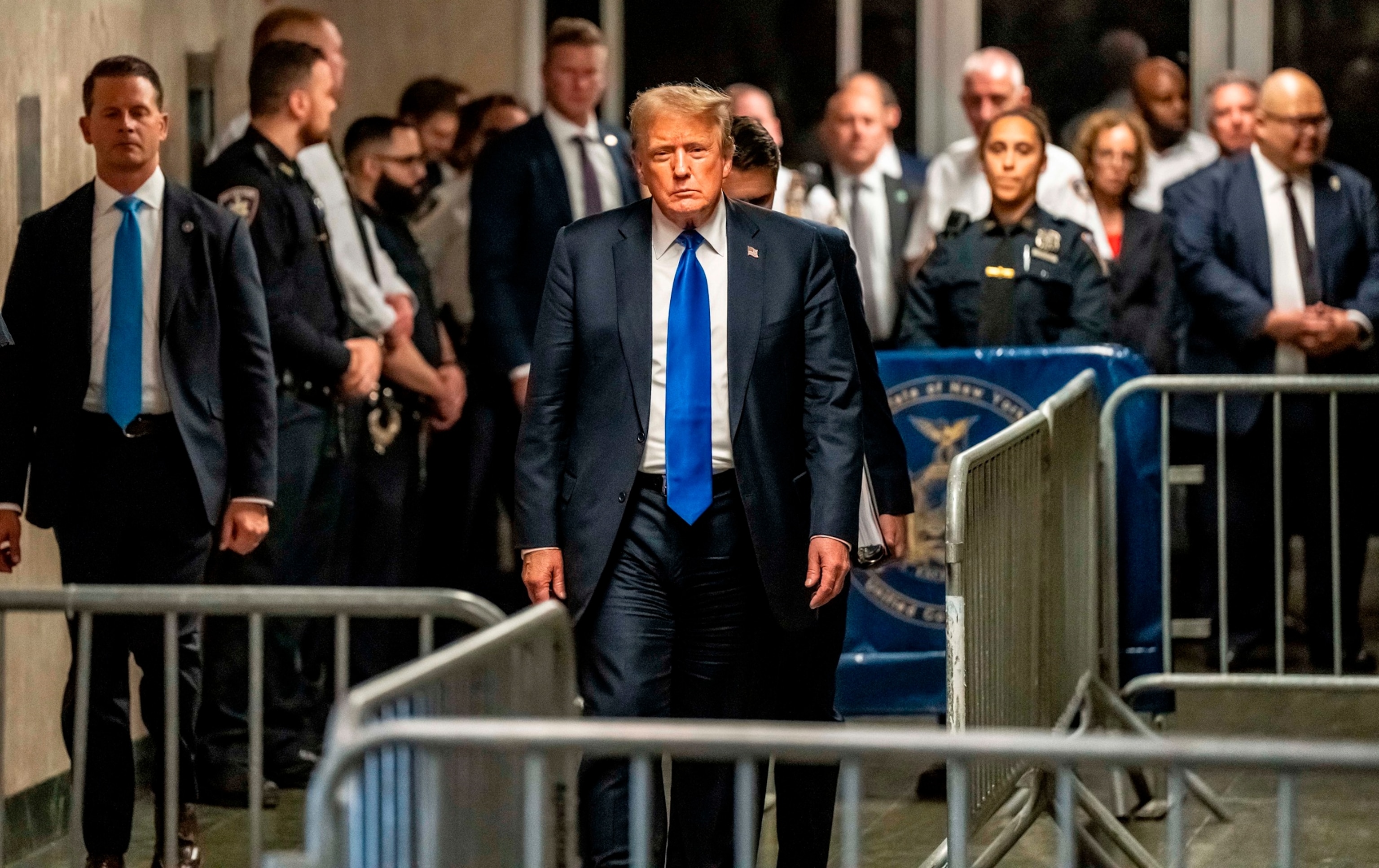 PHOTO: Former President Donald Trump and his attorney Todd Blanche exit the courthouse and speak to media after Trump was found guilty following his hush money trial at Manhattan Criminal Court, on May 30, 2024, in New York.