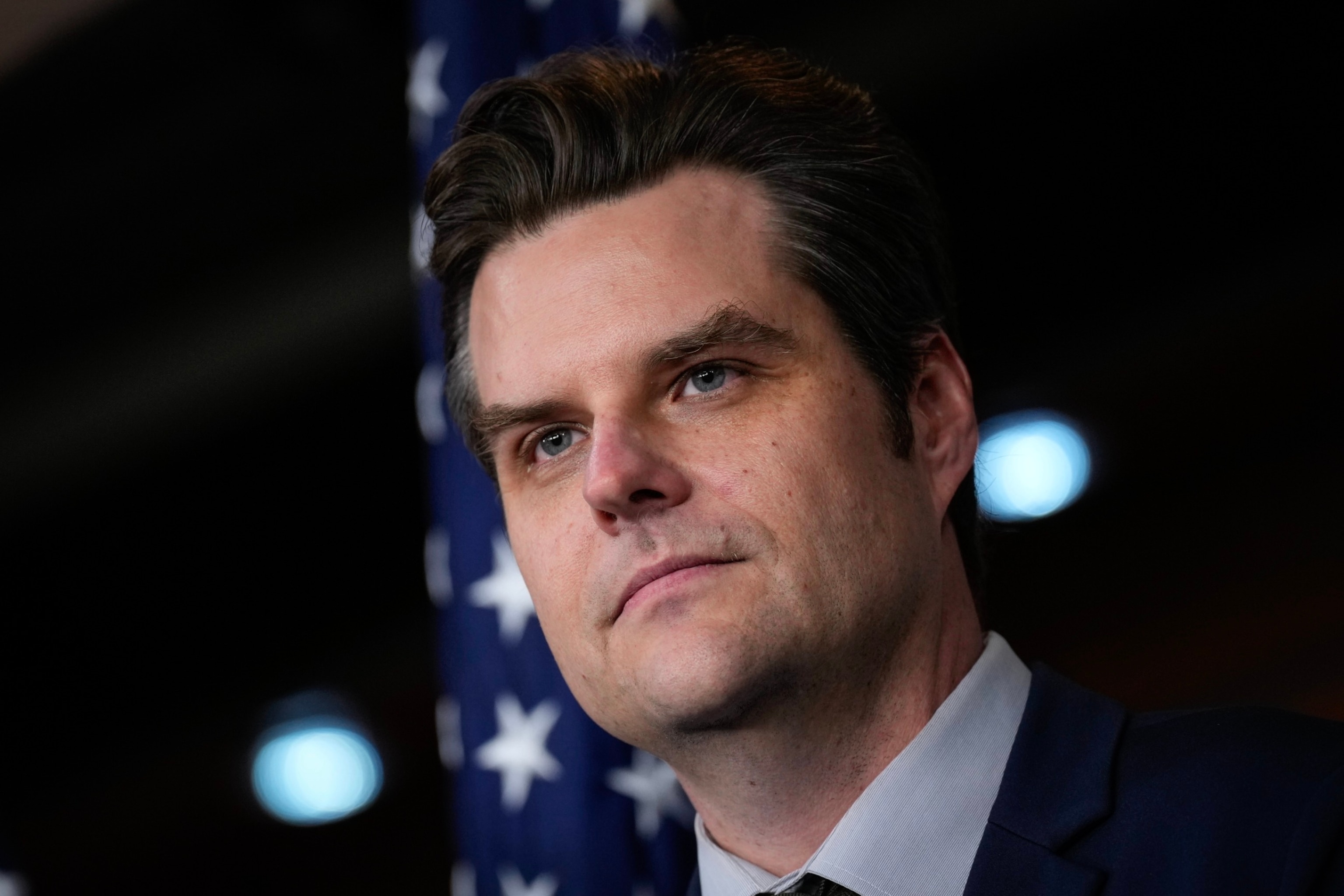 PHOTO:  Rep. Matt Gaetz looks on during a news conference about unidentified aerial phenomena (UAP) transparency on Capitol Hill in Washington, D.C., Nov. 30, 2023.