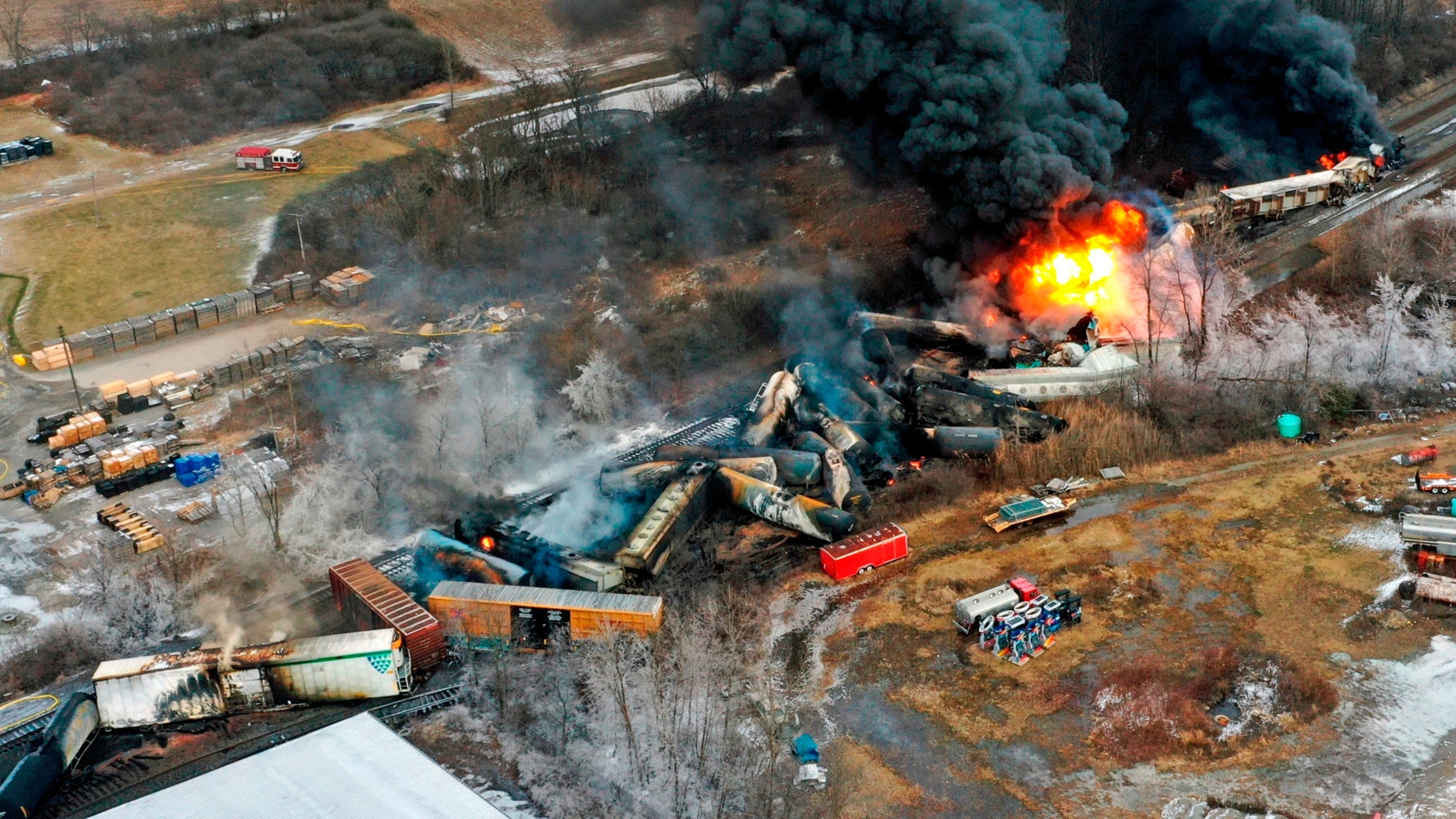PHOTO: This photo taken with a drone shows portions of a Norfolk Southern freight train that derailed Feb. 3, in East Palestine, Ohio, are still on fire on Feb. 4, 2023.
