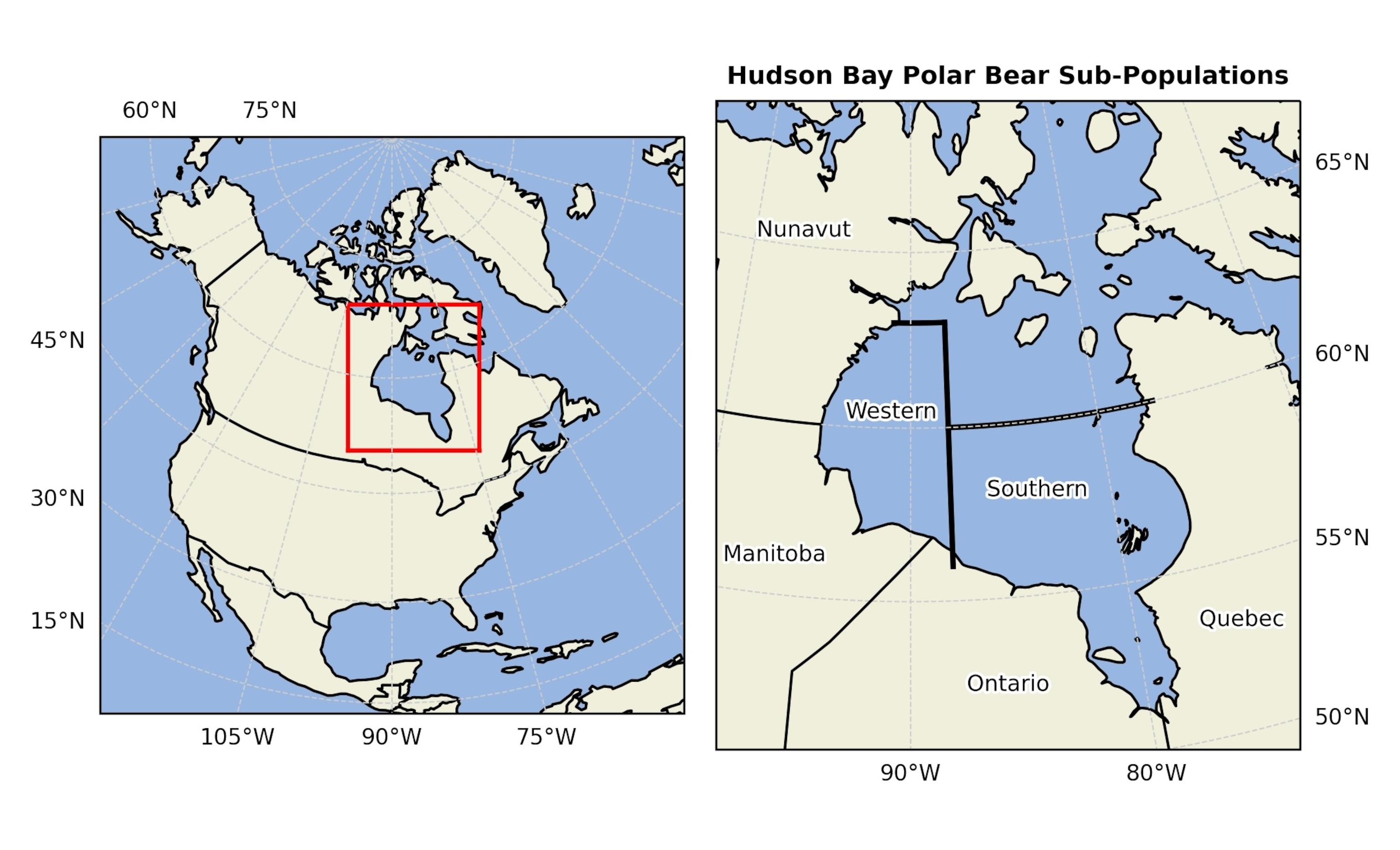 PHOTO: The boundaries of the Western Hudson Bay and Southern Hudson Bay polar bear populations. 
