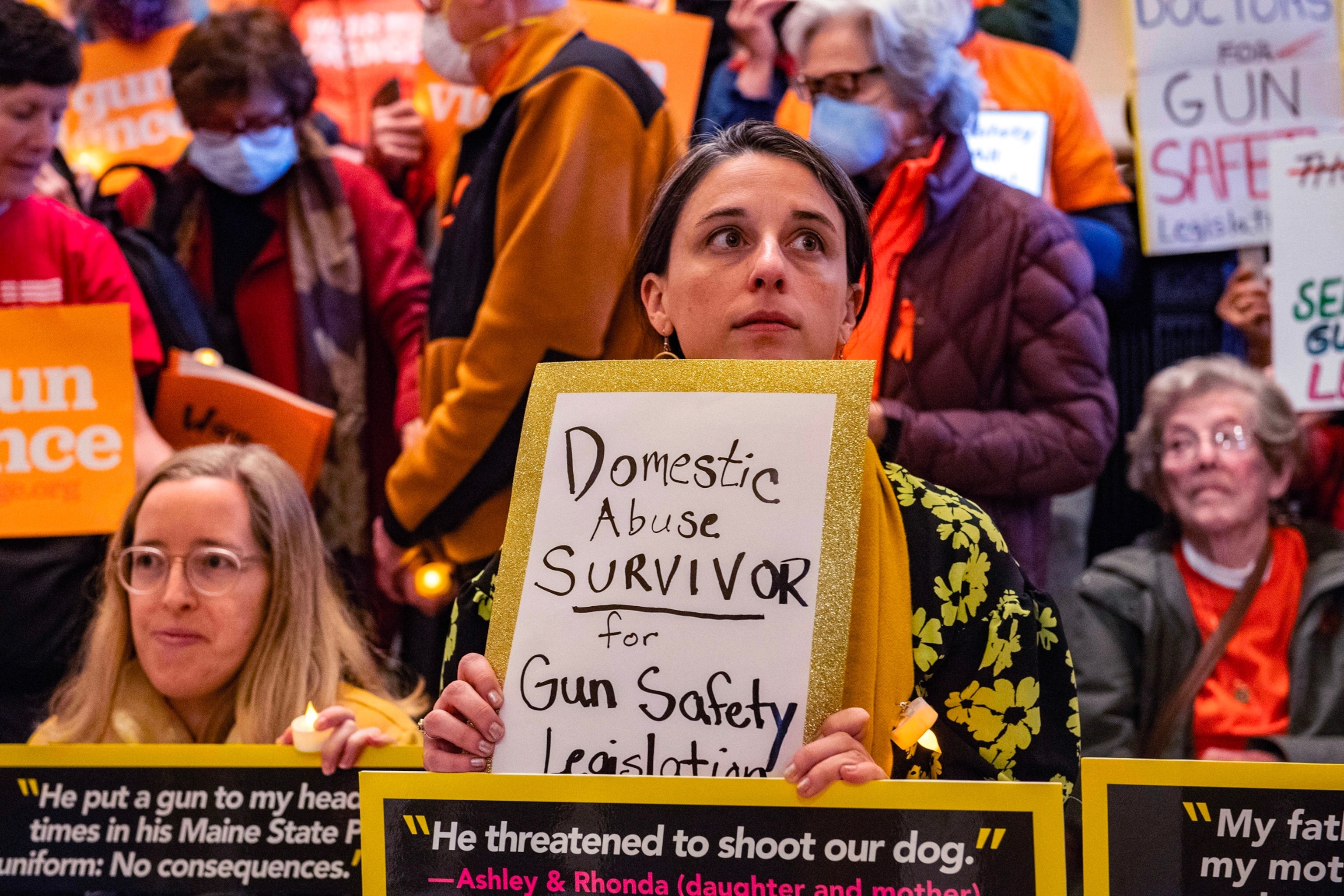PHOTO: In this Oct. 25, 2023, file photo, gun safety supporters attend a gun safety rally at the State House in Augusta, Maine.