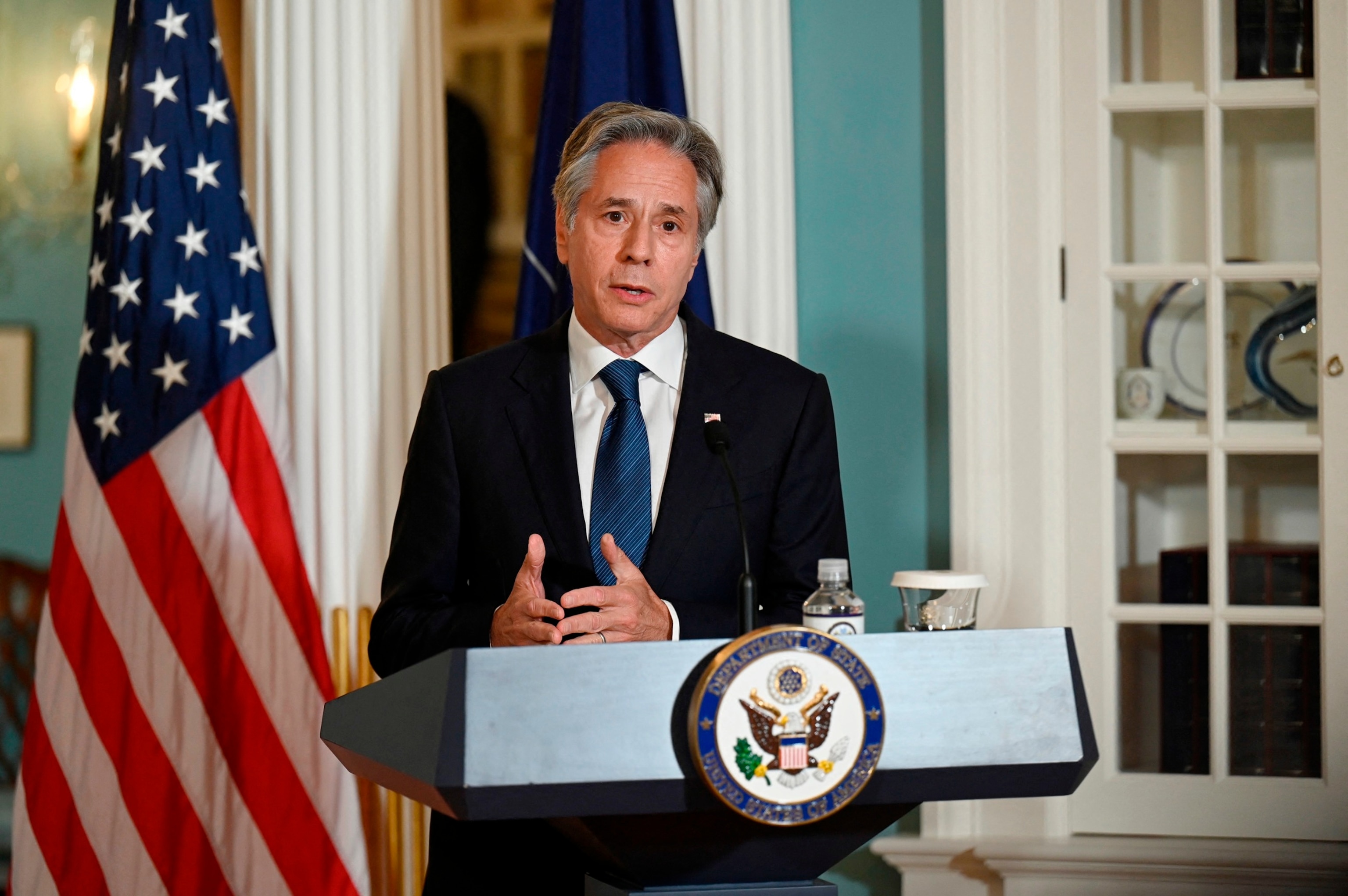 PHOTO: US Secretary of State Antony Blinken speaks during a joint press conference with NATO Secretary General Jens Stoltenberg at the US State Department, in Washington, D.C., June 18, 2024.