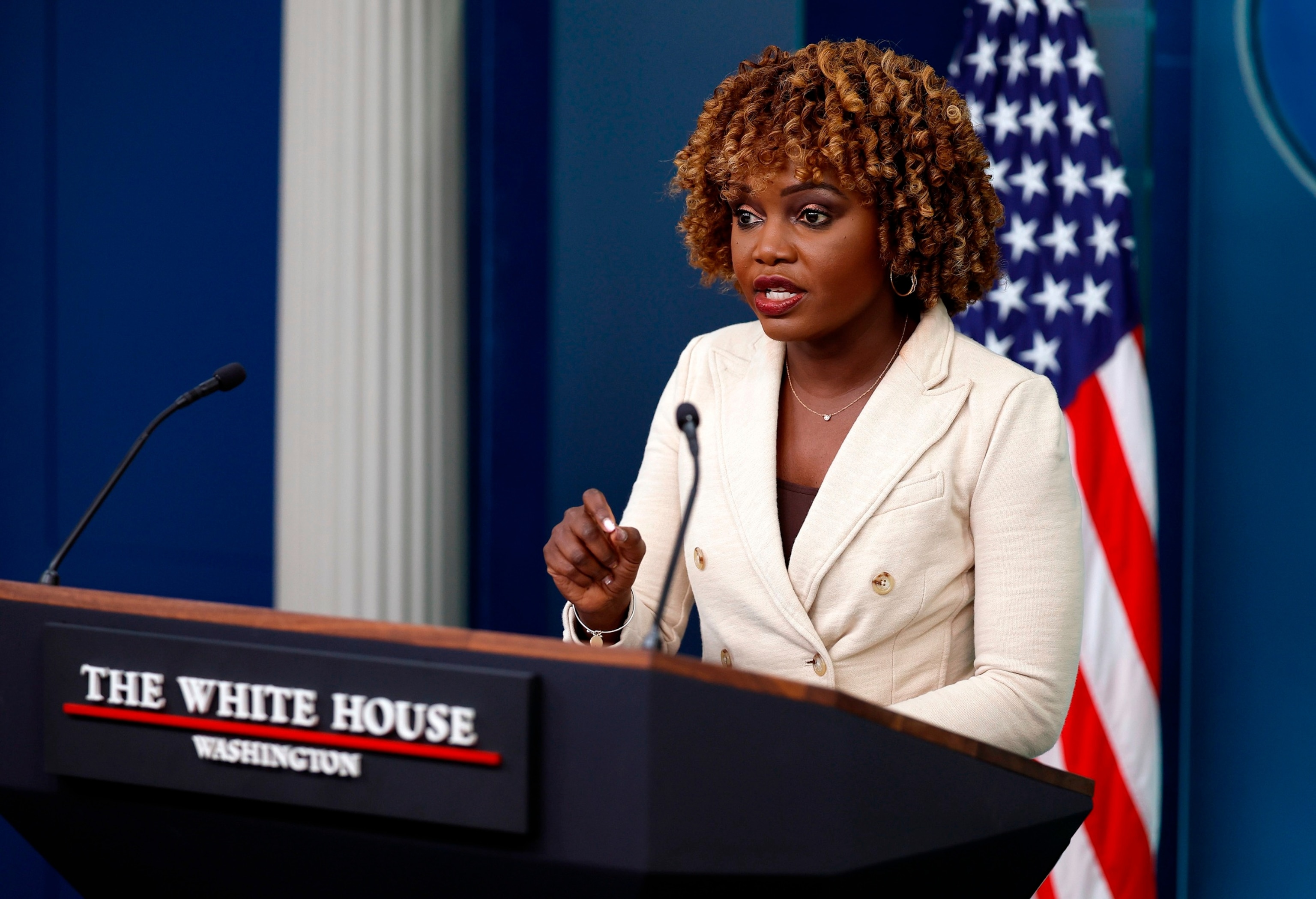 PHOTO: White House Press Secretary Karine Jean-Pierre speaks at a press briefing at the White House, on June 18, 2024, in Washington, D.C. 