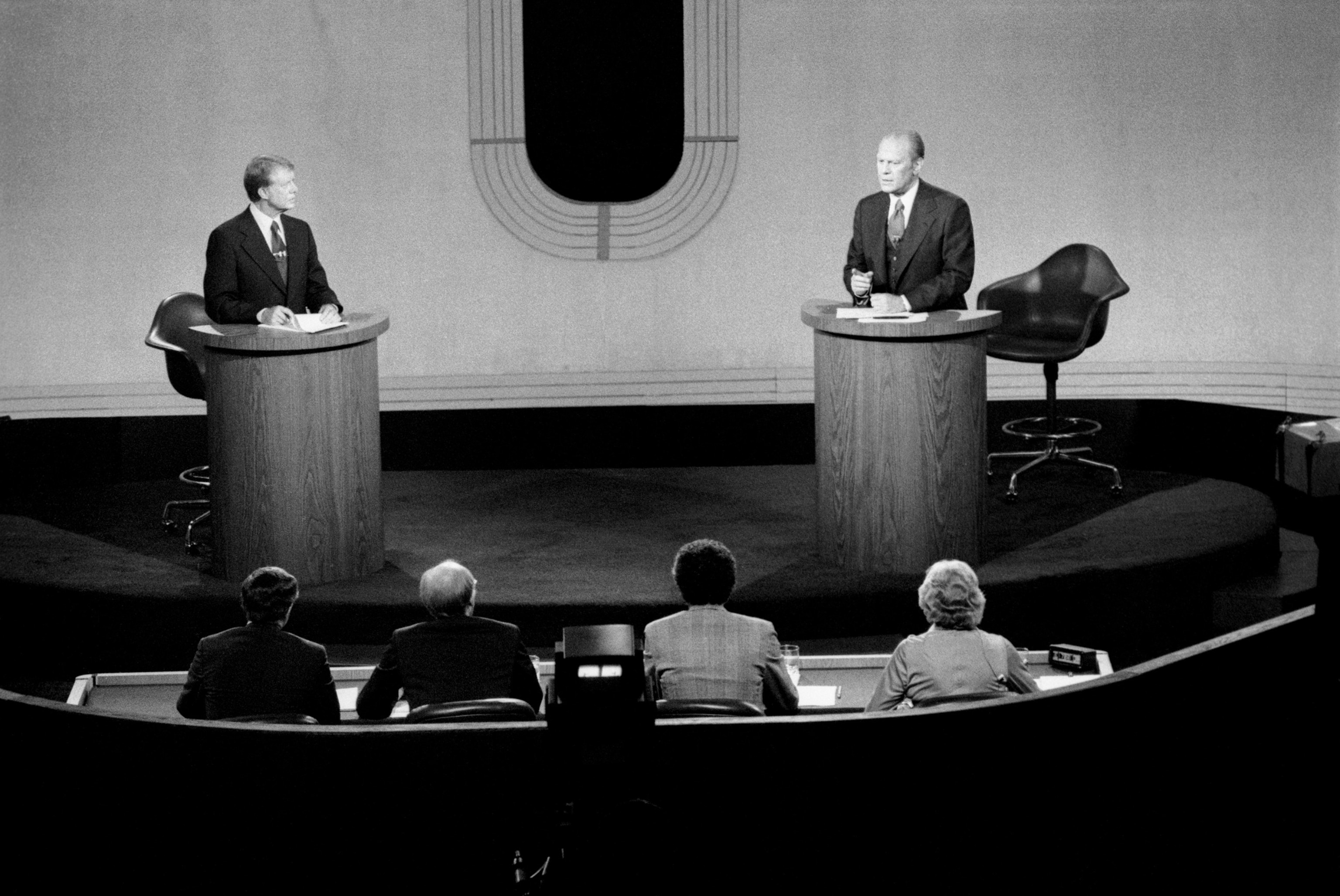 PHOTO: Democratic presidential nominee Jimmy Carter (left) and President Jerry Ford, are shown during sthe econd debate at San Francisco's Palace of Fine Arts, on Oct 6, 1976.