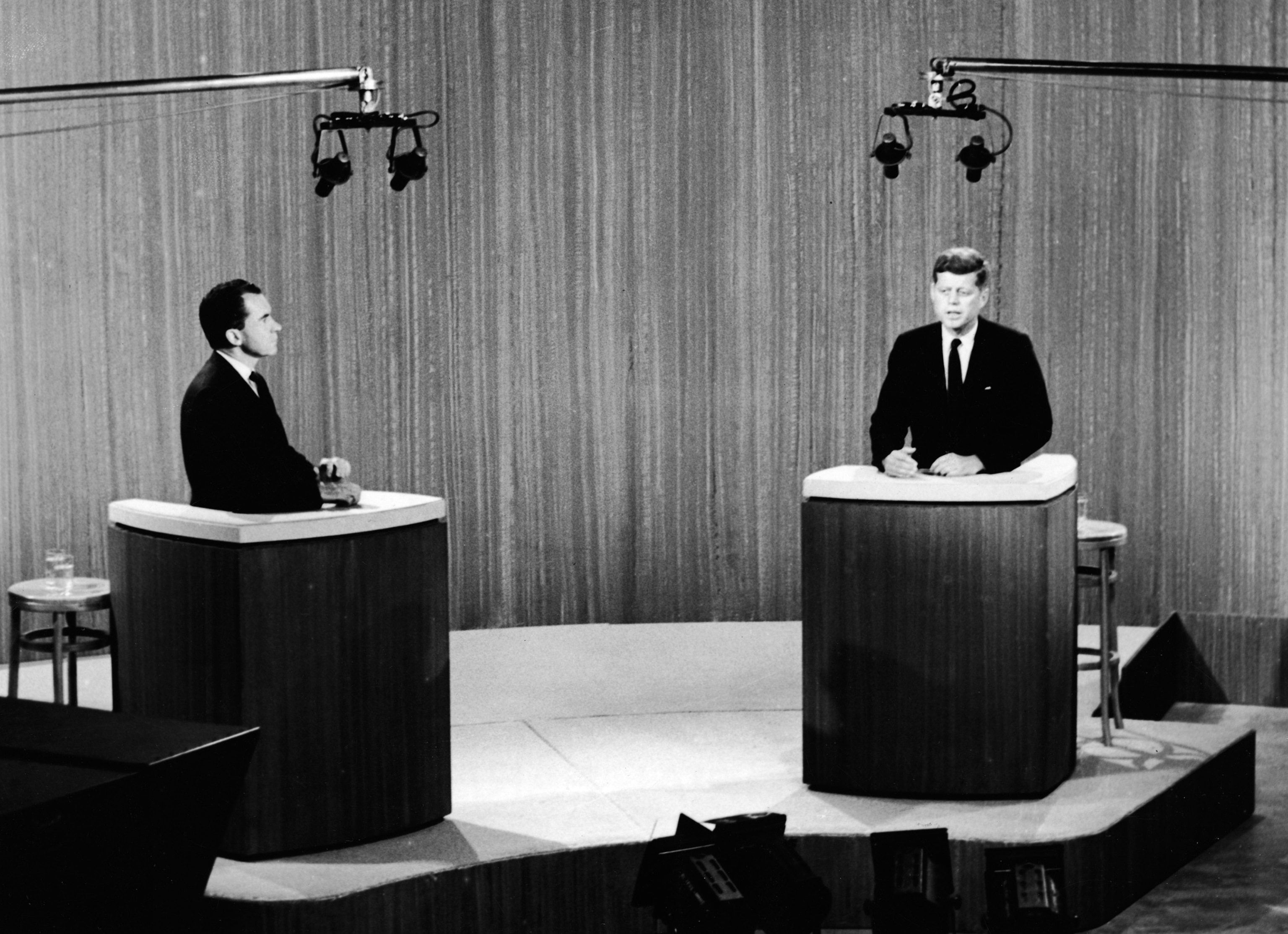 PHOTO: Presidential candidates, Vice President Richard M. Nixon and Senator John F. Kennedy are shown  at the fourth and last of their televised presidential debates, on Oct. 21, 1960, at the ABC Studios in New York.