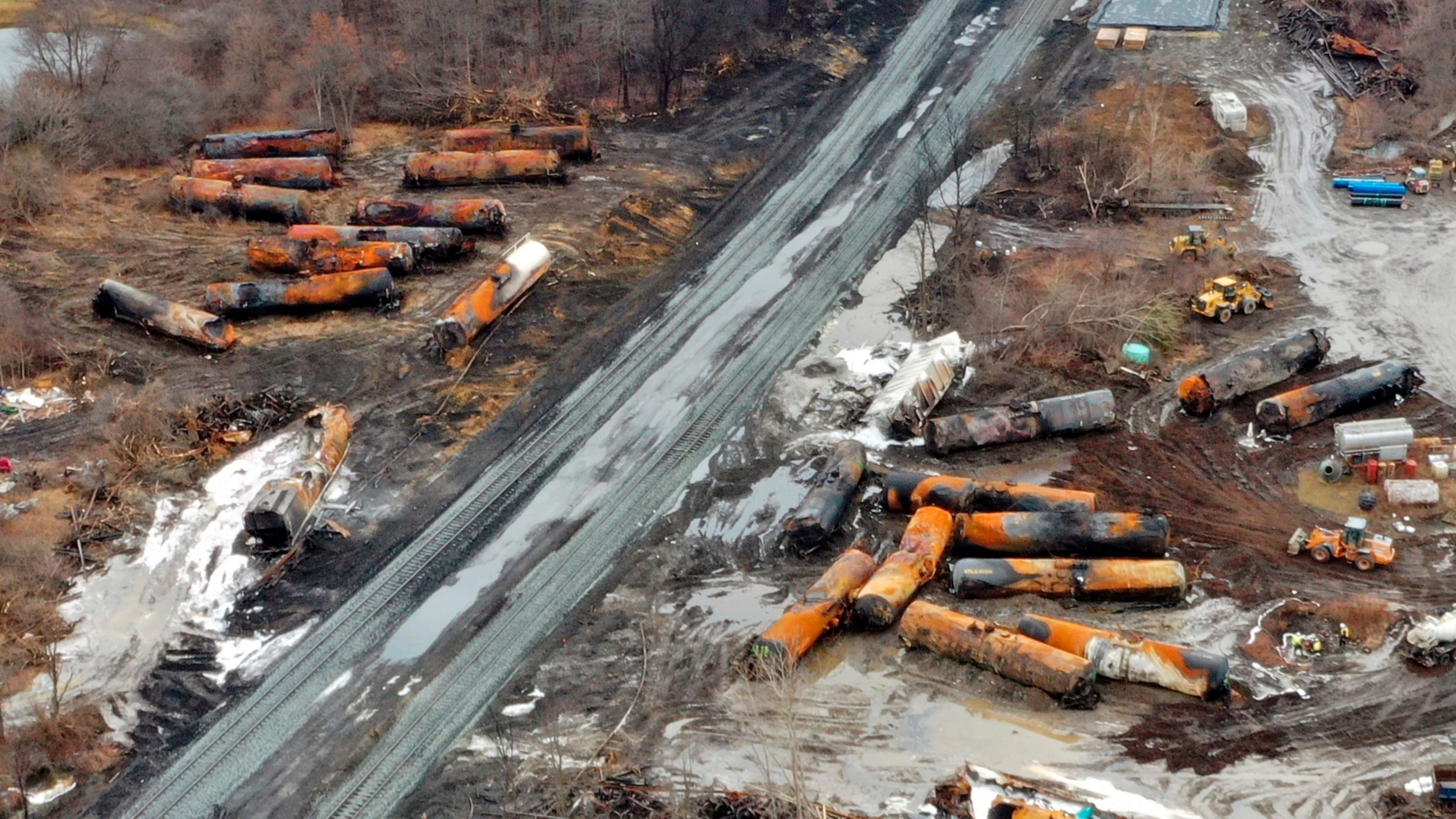 PHOTO: This photo taken with a drone shows the continuing cleanup of portions of a Norfolk Southern freight train that derailed in East Palestine, Ohio, Feb. 9, 2023. 