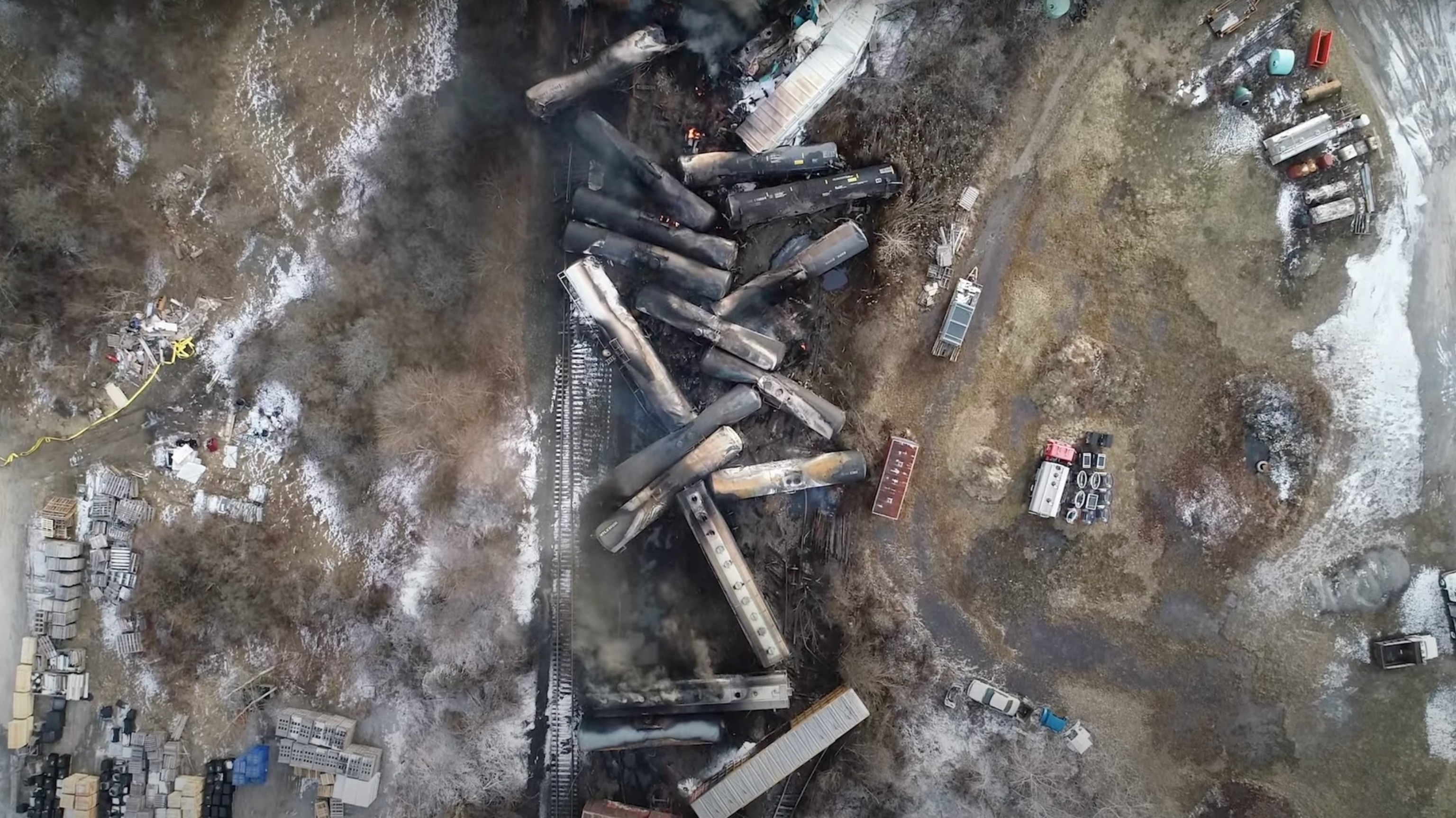 PHOTO: This video screenshot released by the U.S. National Transportation Safety Board (NTSB) shows the site of a derailed freight train in East Palestine, Ohio that ocurres on Feb. 3, 2023.