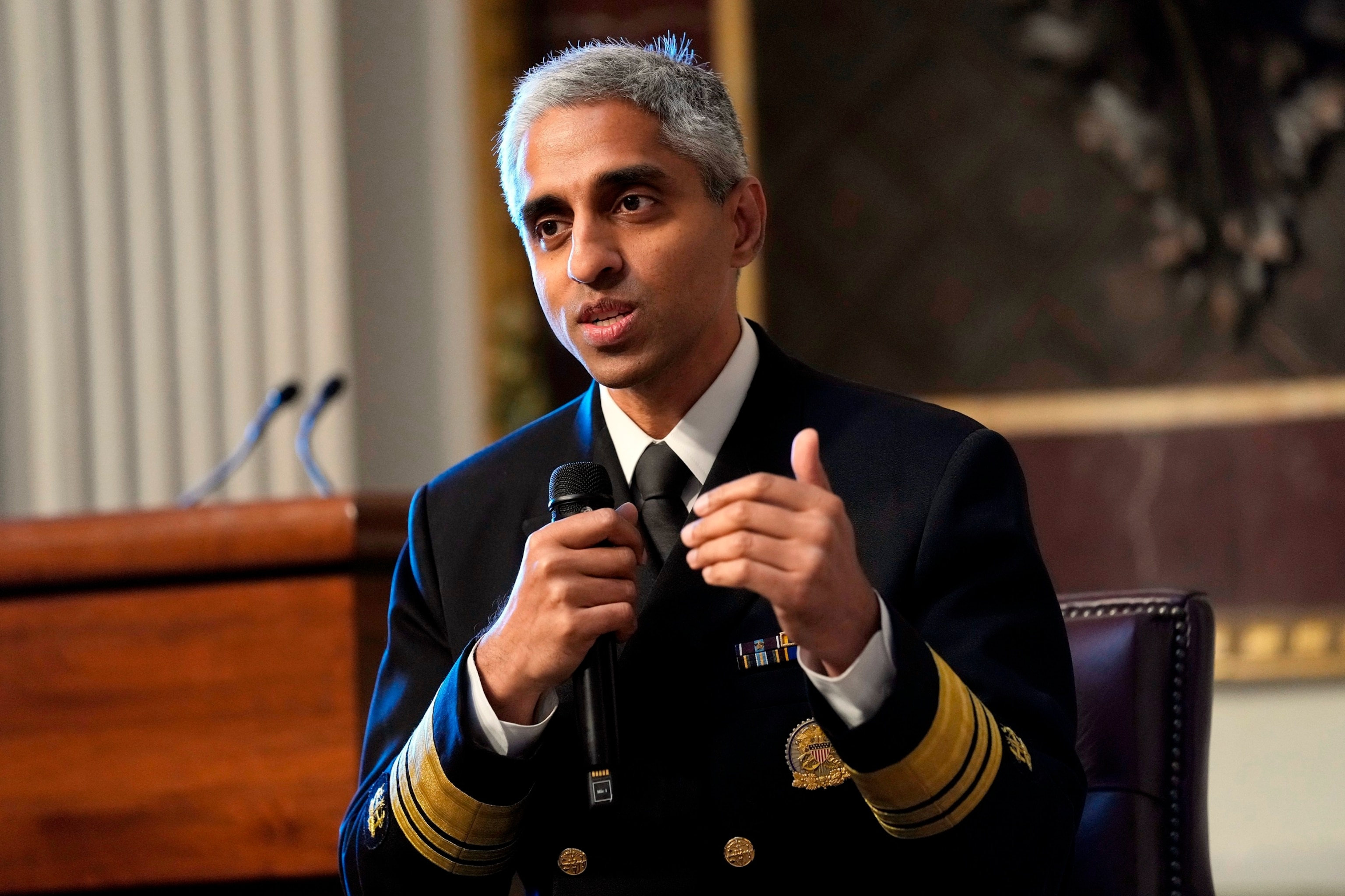 PHOTO: Surgeon General Dr. Vivek Murthy speaks during an event on the White House complex in Washington, April 23, 2024. 