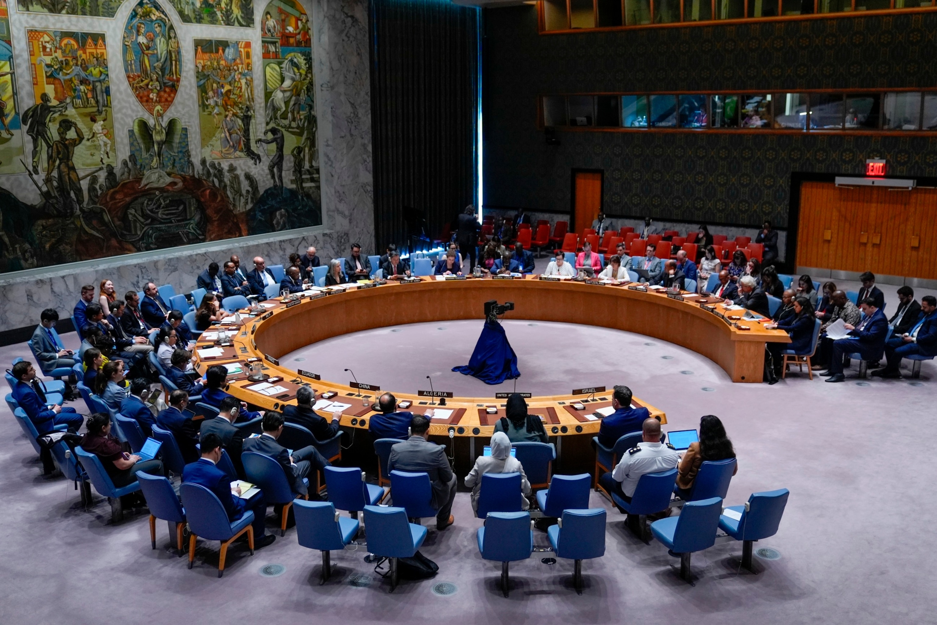 PHOTO: People speak during a Security Council meeting about the war in Gaza at United Nations headquarters, May 29, 2024.