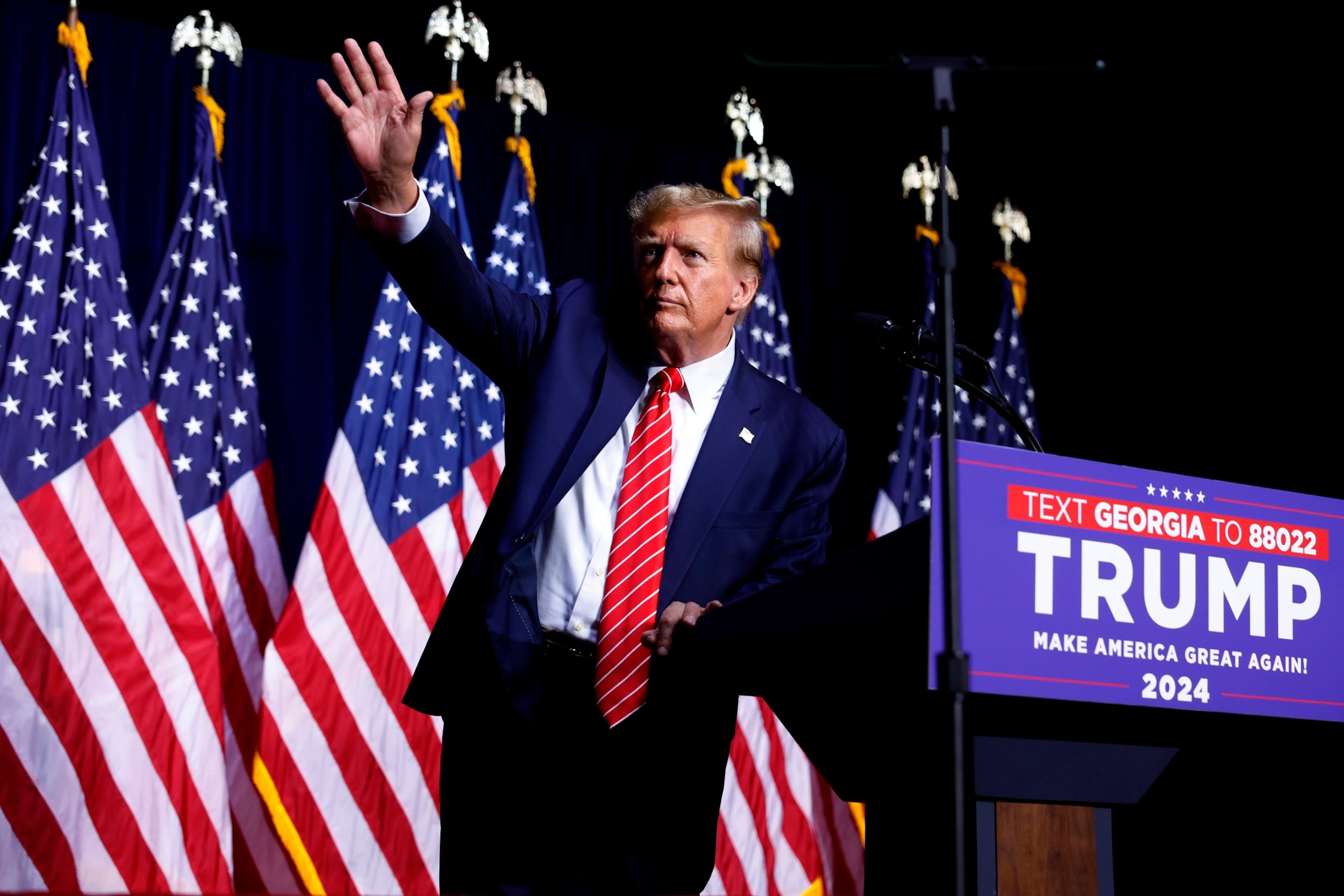 PHOTO: Former President Donald Trump leaves the stage a the conclusion of a campaign rally at the Forum River Center in Rome, GA, March 09, 2024.