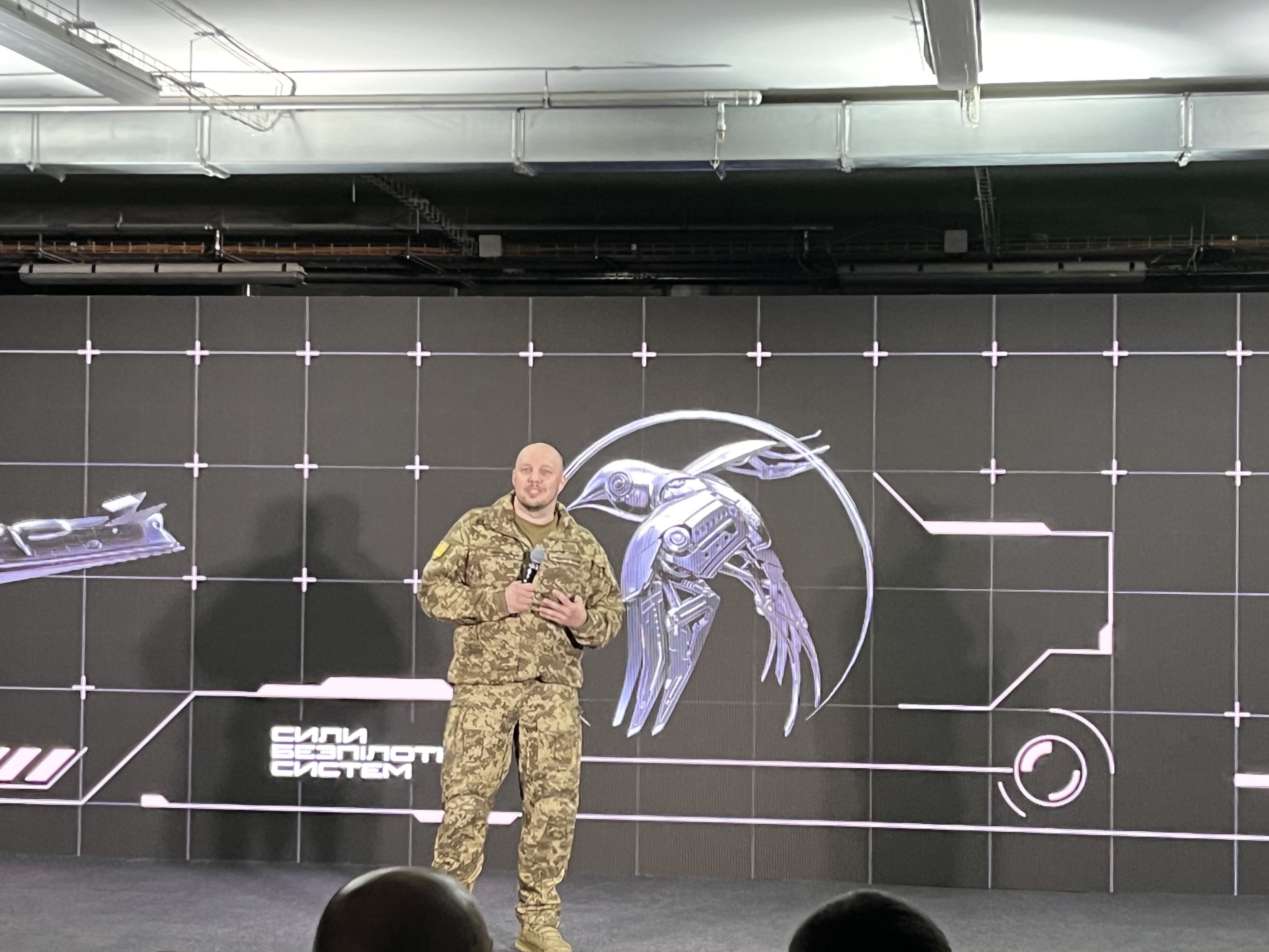 PHOTO: Ukrainian Col. Vadym Sukharevskyi unveils the emblem for the Unmanned Systems Forces in Kyiv, Ukraine, on Tuesday, June 11, 2024. 