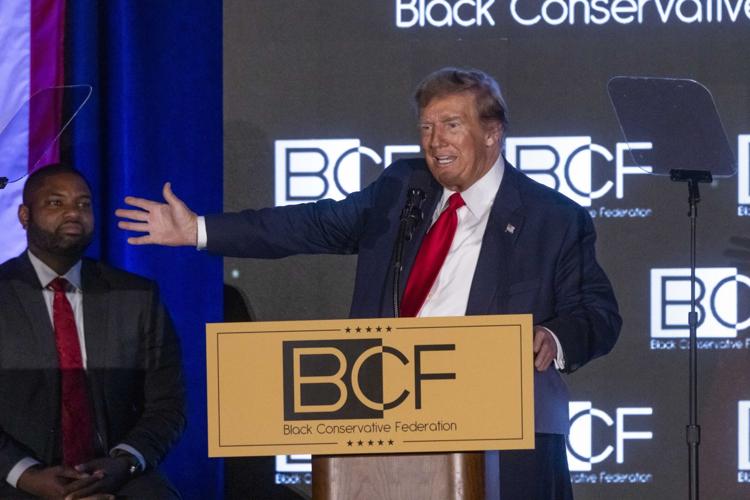 PHOTO: Former President Donald Trump speaks during the keynote address of the Black Conservative Federation, Honors Gala in Columbia, South Carolina, Feb. 23, 2024.