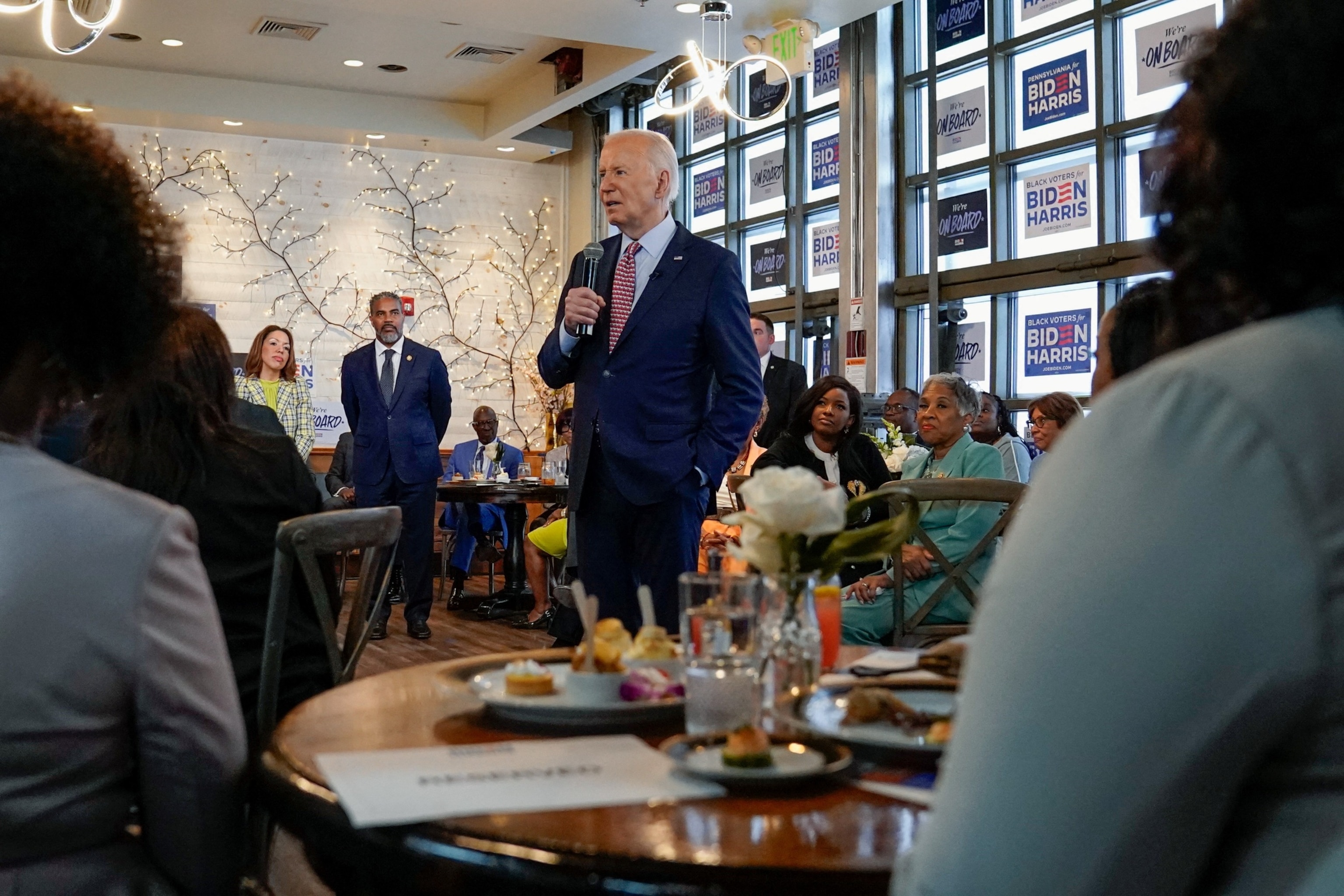 PHOTO: President Joe Biden speaks during a campaign stop at South Restaurant & Jazz Club in Philadelphia, May 29, 2024. 