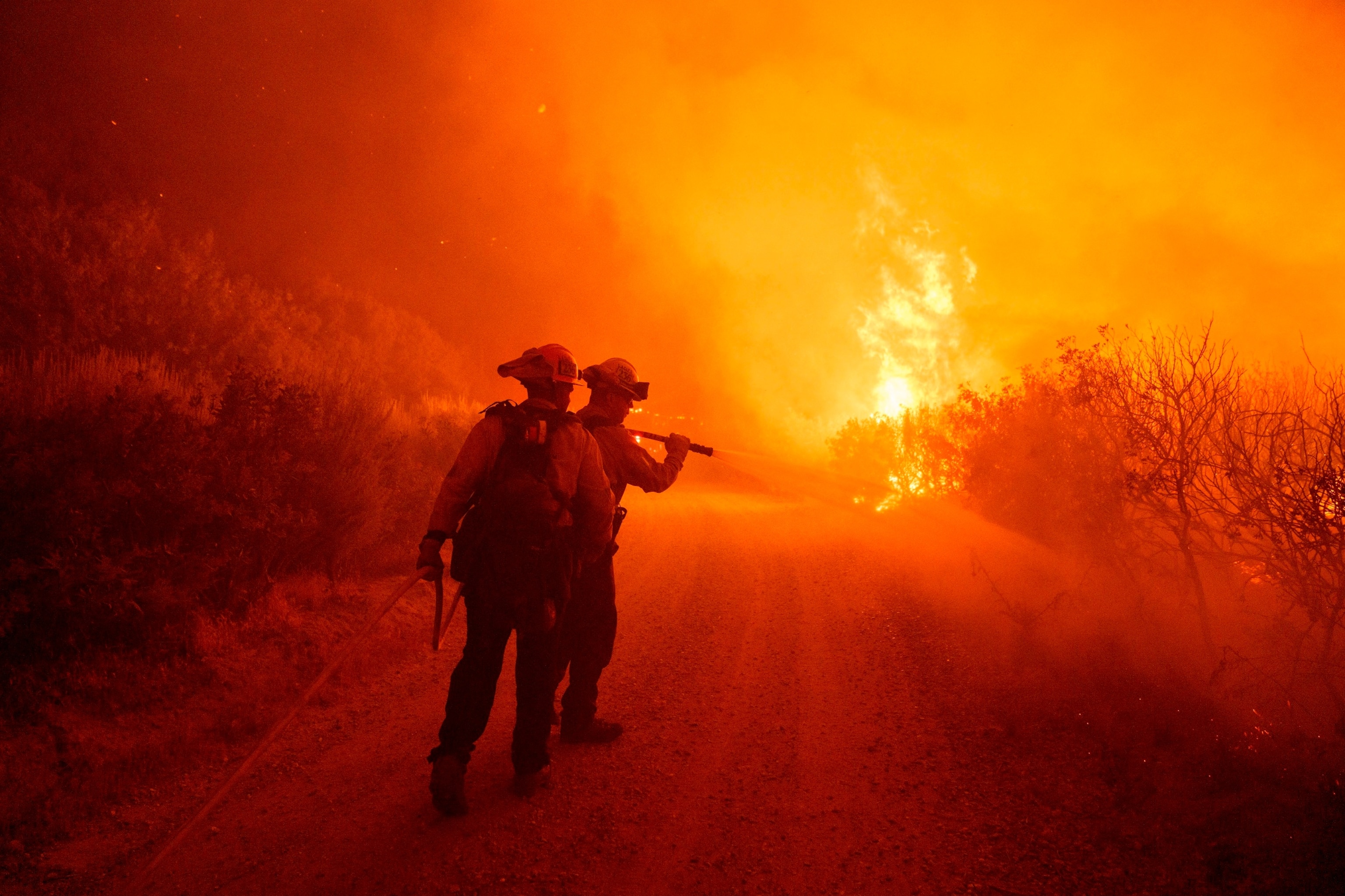 PHOTO: Firefighters work against the advancing Post Fire on June 16, 2024, in Gorman, Calif. 