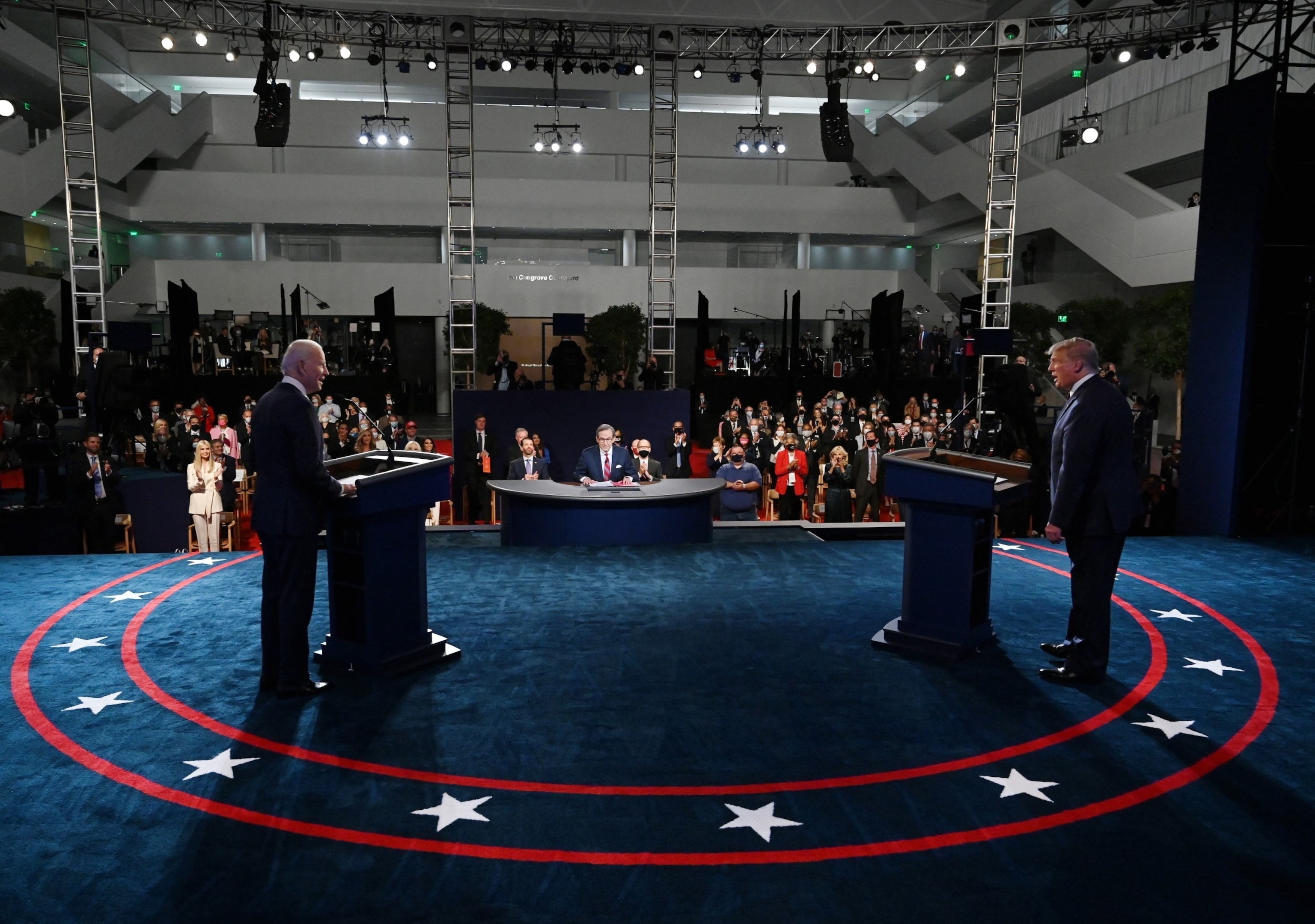 PHOTO: President Donald Trump and former Vice President Joe Biden participate in the first presidential debate in Cleveland, OH, Sep. 29, 2020.