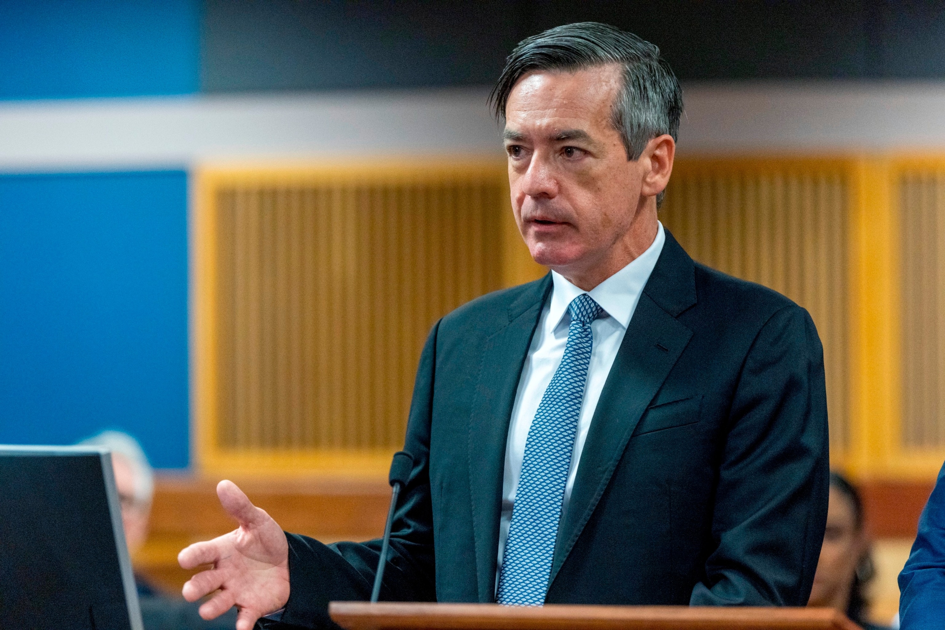 PHOTO: Kenneth Chesebro speaks to Fulton County Superior Court Judge Scott McAfee during a hearing where Chesebro accepted a plea deal from the Fulton County District Attorney at the Fulton County Courthouse, Oct. 20, 2023, in Atlanta.