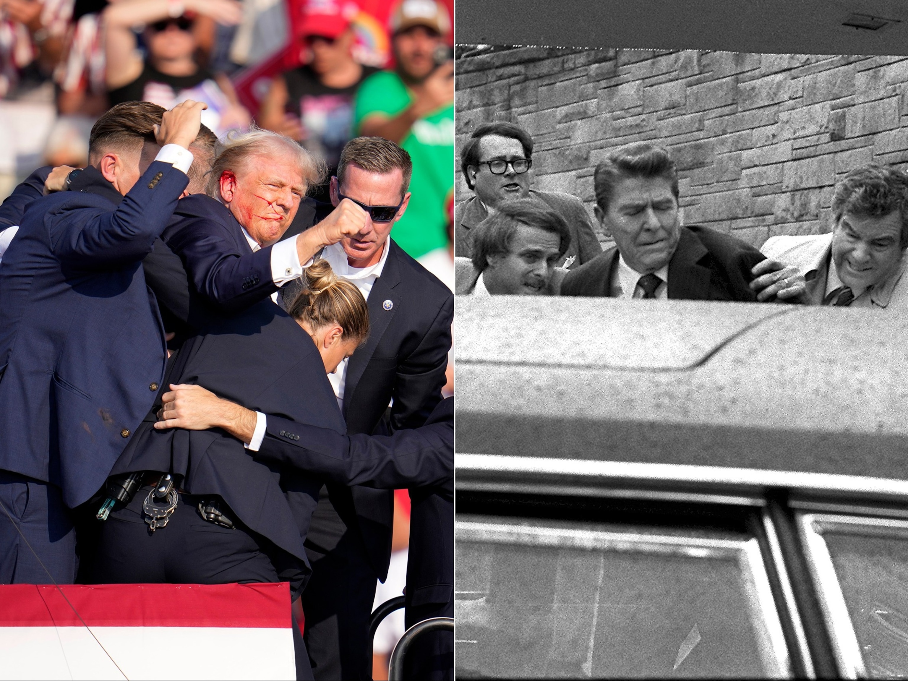 PHOTO: In this split image, former President Trump is helped off by Secret Service at a campaign event in Butler, Pa., July 13, 2024, and former President Reagan is shoved into the President's limousine outside a Washington hotel, March 30, 1981.