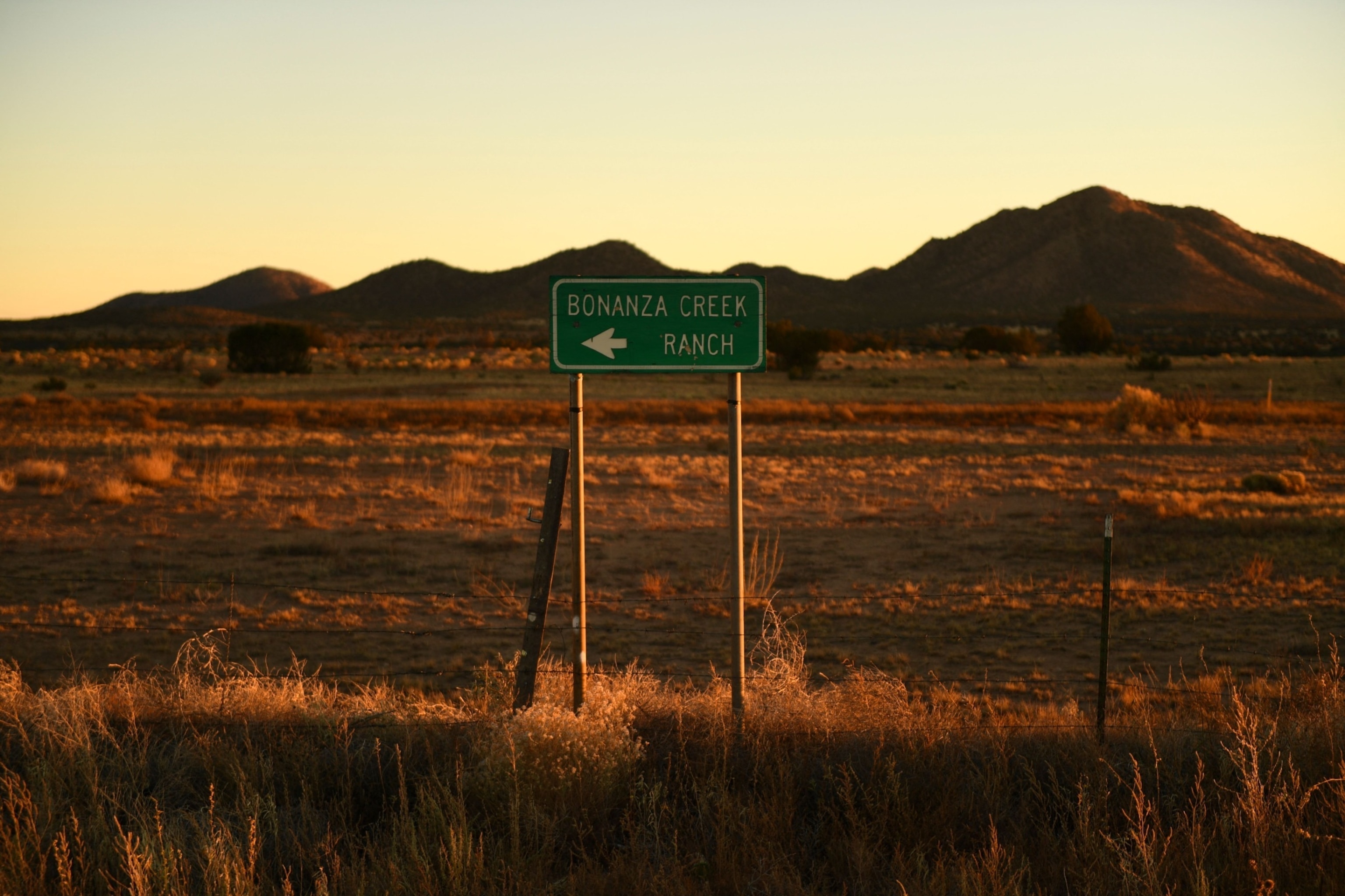 PHOTO: Signage indicating the location of the Bonanza Creek Ranch film set, near where a crew member was fatally shot during production of the western film "Rust", is seen in Santa Fe, NM, Oct. 28, 2021.