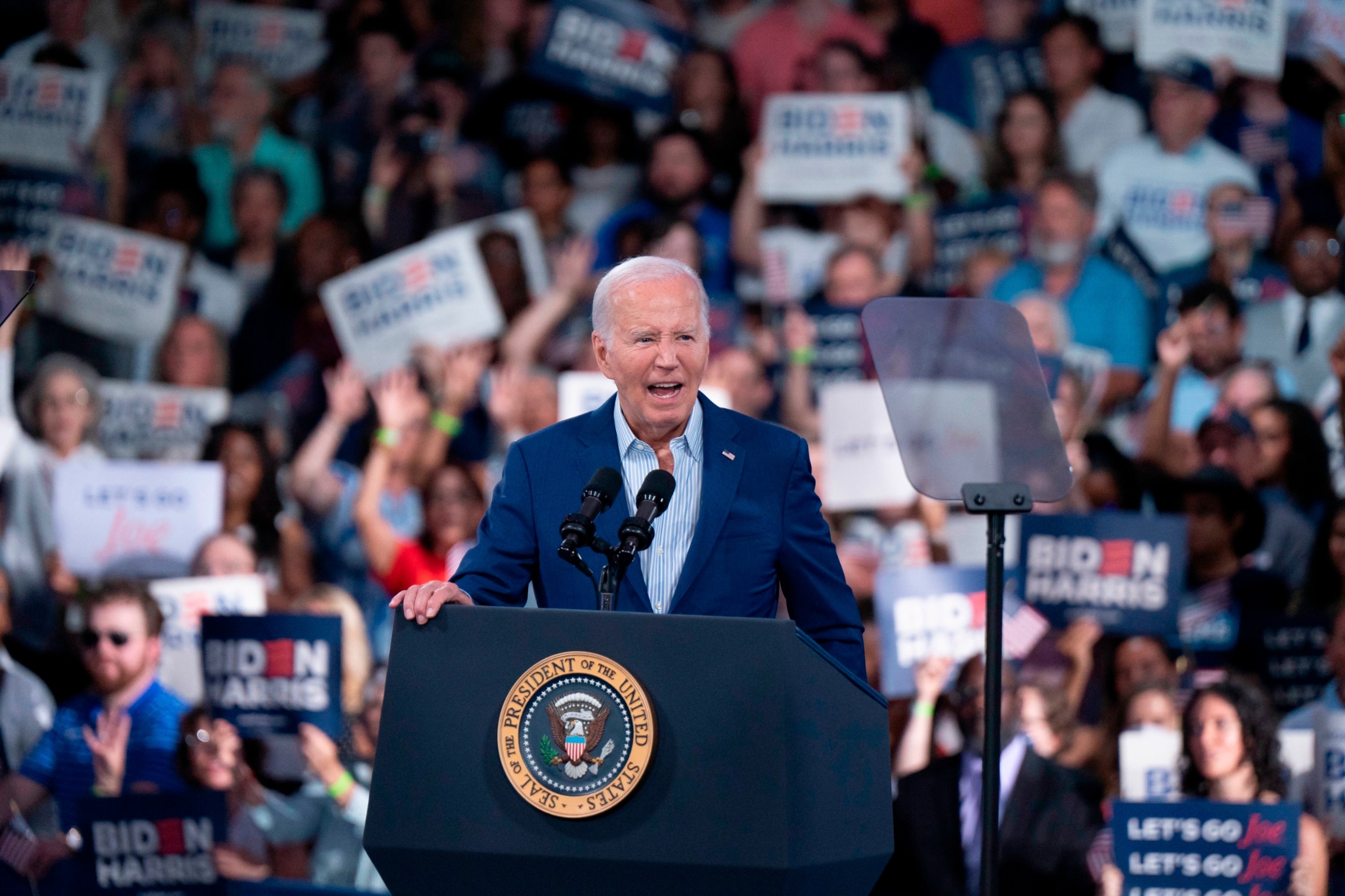PHOTO: President Joe Biden speaks at a post-debate campaign rally on June 28, 2024 in Raleigh, N.C.