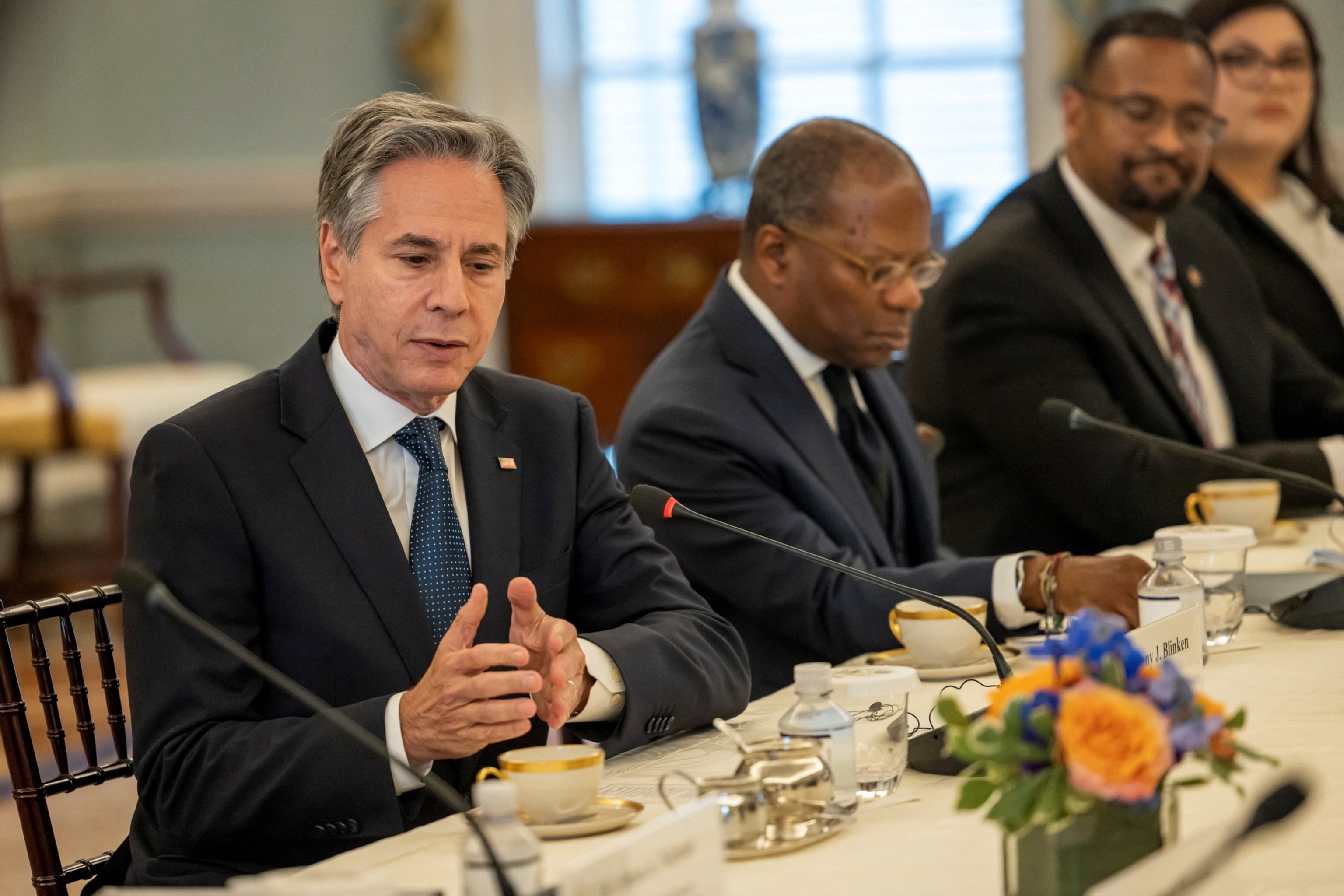 PHOTO: Secretary of State Antony Blinken meets with Haiti's Prime Minister Garry Conille (not pictured) and Foreign Minister Dominique Dupuy (not pictured) at the State Department., July 2, 2024. 