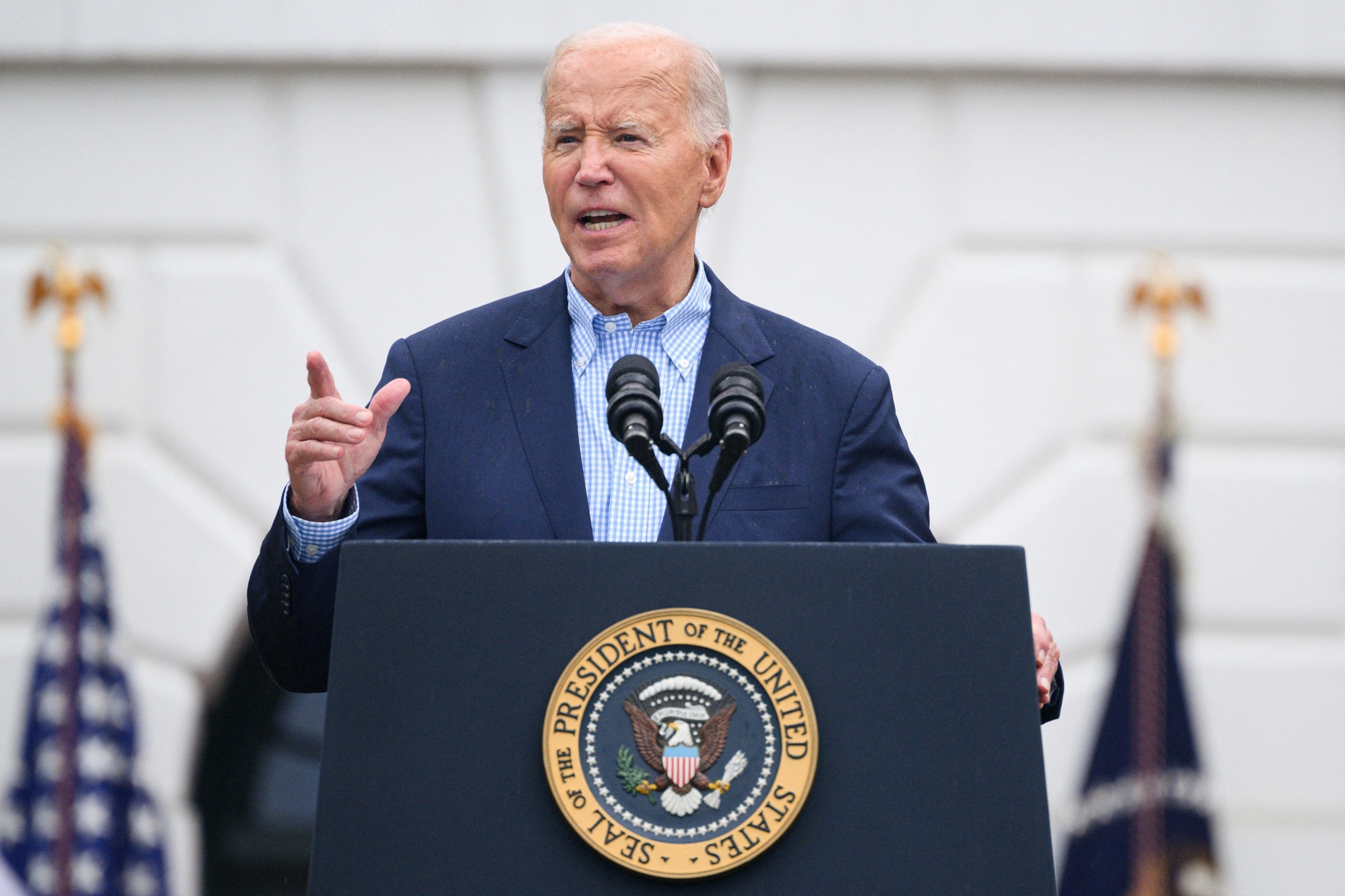 PHOTO: President Joe Biden speaks during a barbeque for active-duty military families in honor of the Fourth of July on the South Lawn of the White House, July 4, 2024.