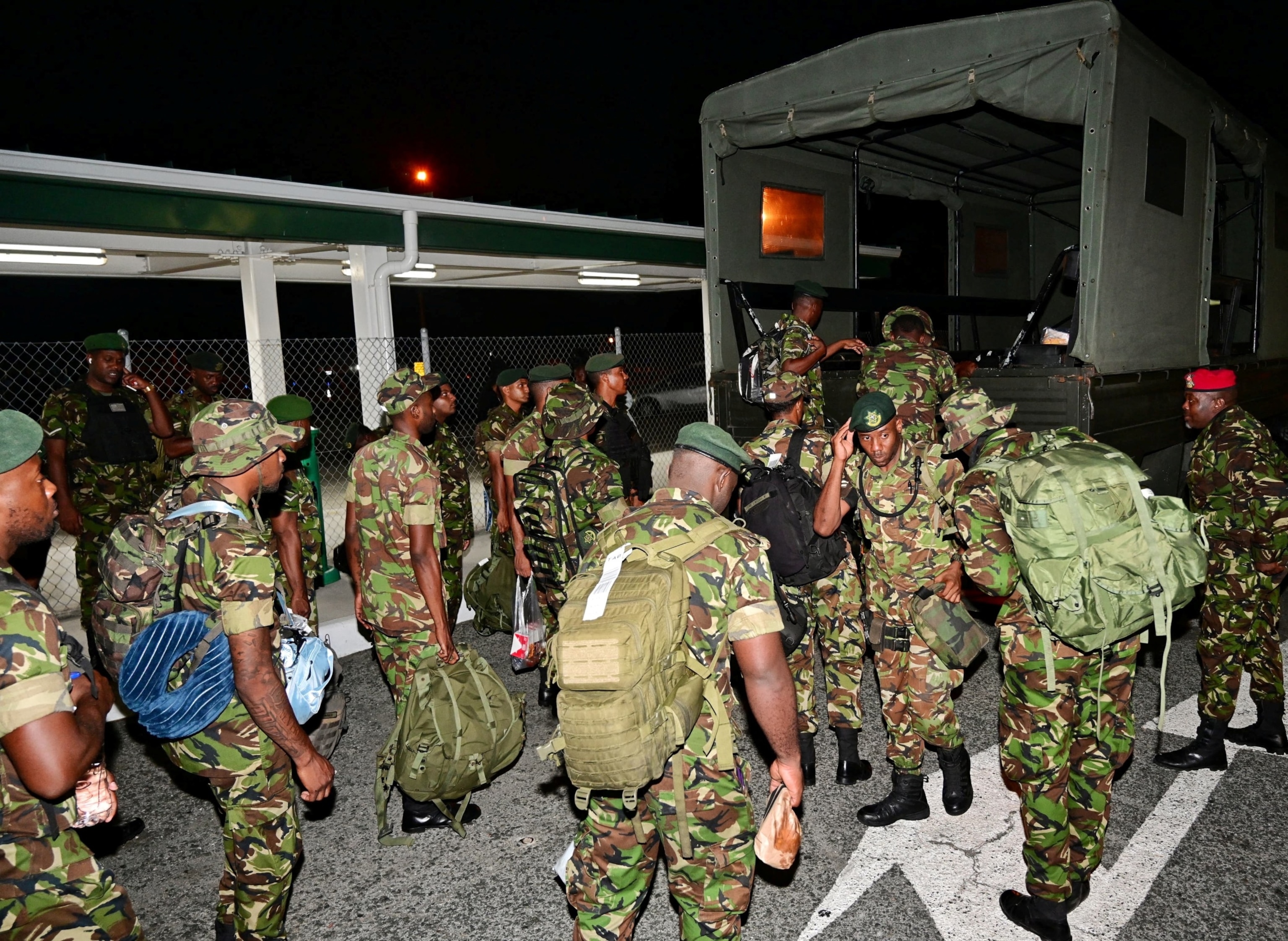 PHOTO: Members of the Trinidad and Tobago Regiment arrive ahead of Hurricane Beryl at Tobago's A.N.R. Robinson International Airport in Crown Point, Trinidad and Tobago June 30, 2024. 