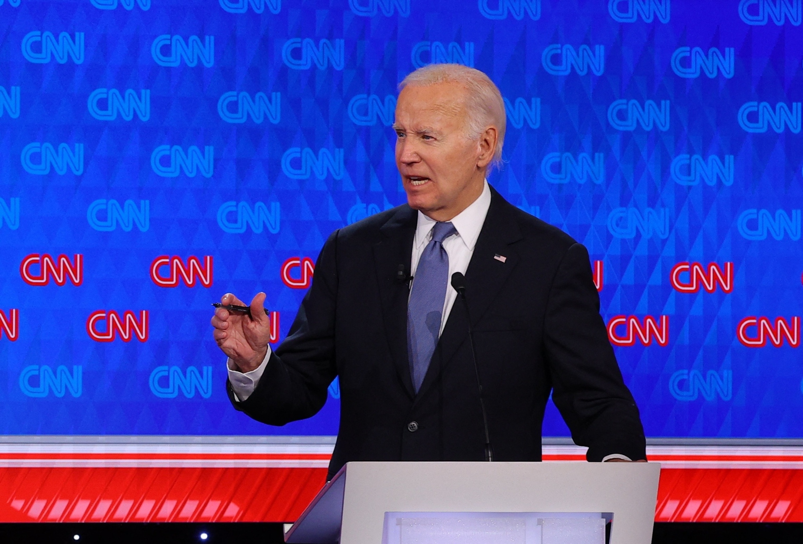 PHOTO: President Joe Biden speaks during a presidential debate with Republican candidate, former President Donald Trump, in Atlanta, June 27, 2024. 