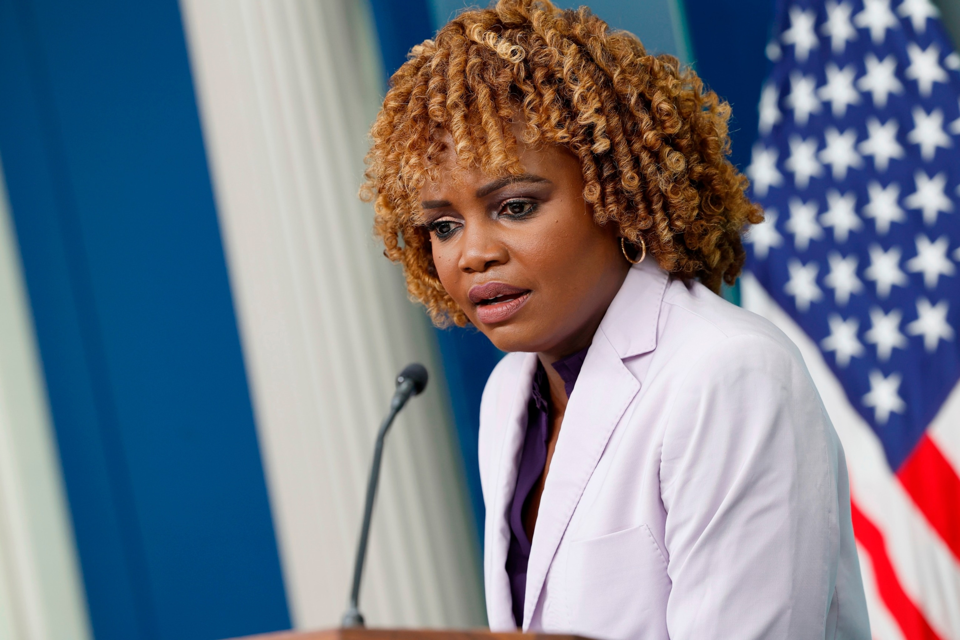 White House Press Secretary Karine Jean-Pierre speaks during a daily news briefing at the James S. Brady Press Briefing Room of the White House on July 08, 2024, in Washington, D.C. (Photo by Anna Moneymaker/Getty Images)