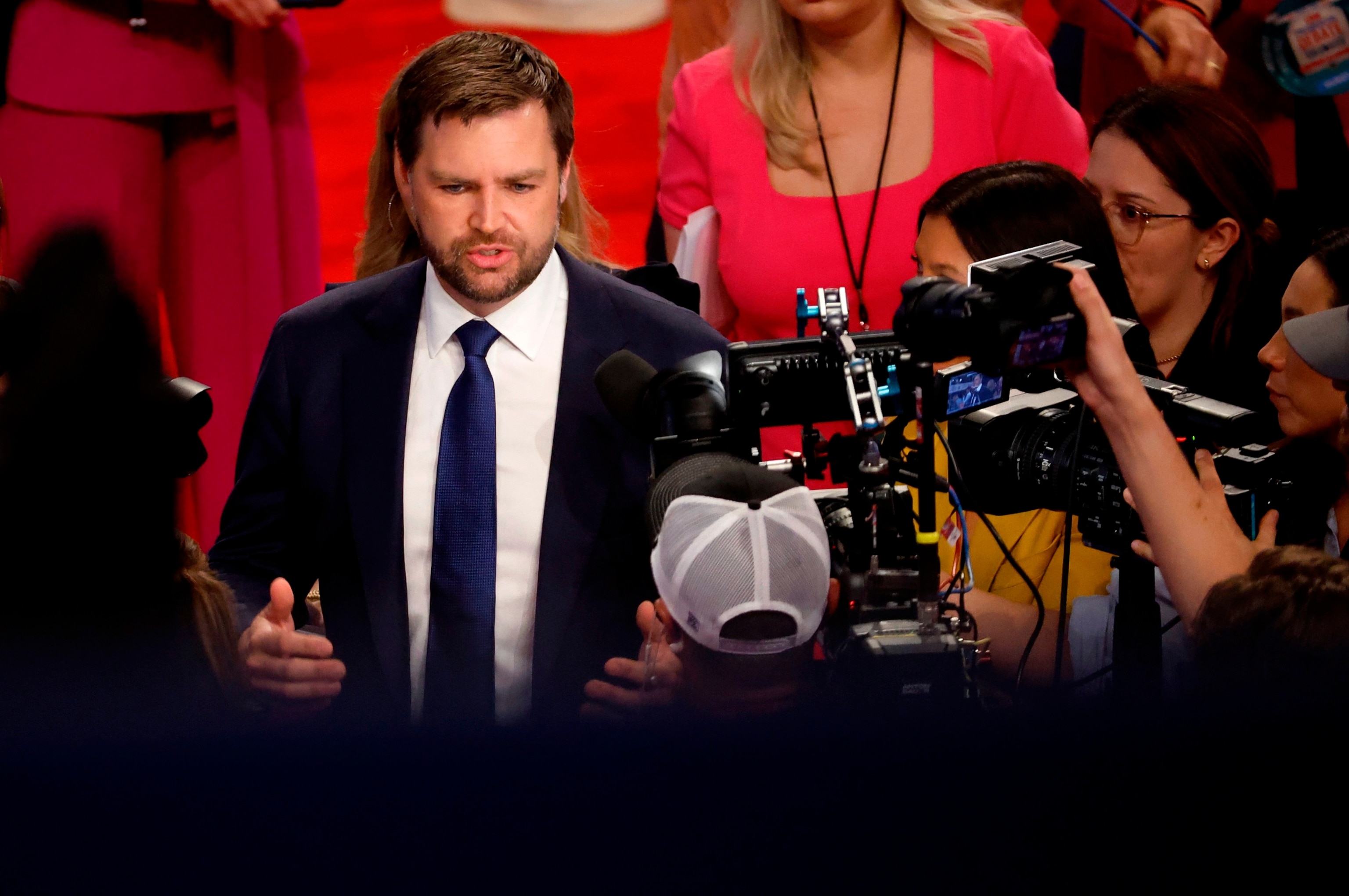 PHOTO: Sen. JD Vance speaks to reporters at the McCamish Pavilion on the Georgia Institute of Technology campus on June 27, 2024 in Atlanta.