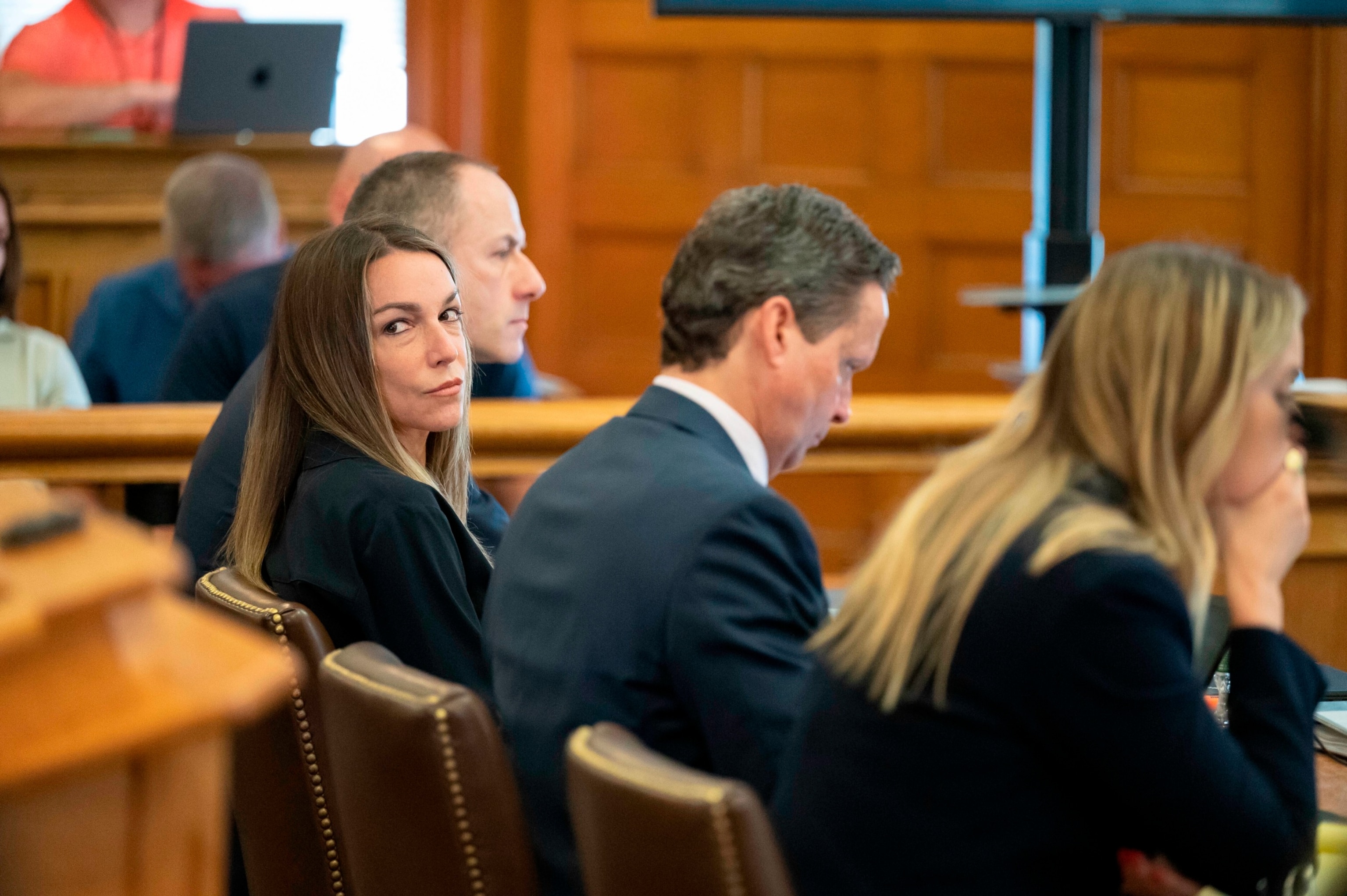 PHOTO: Karen Read looks back during her murder trial at Norfolk County Superior Court in Dedham, Mass., June 20, 2024. 