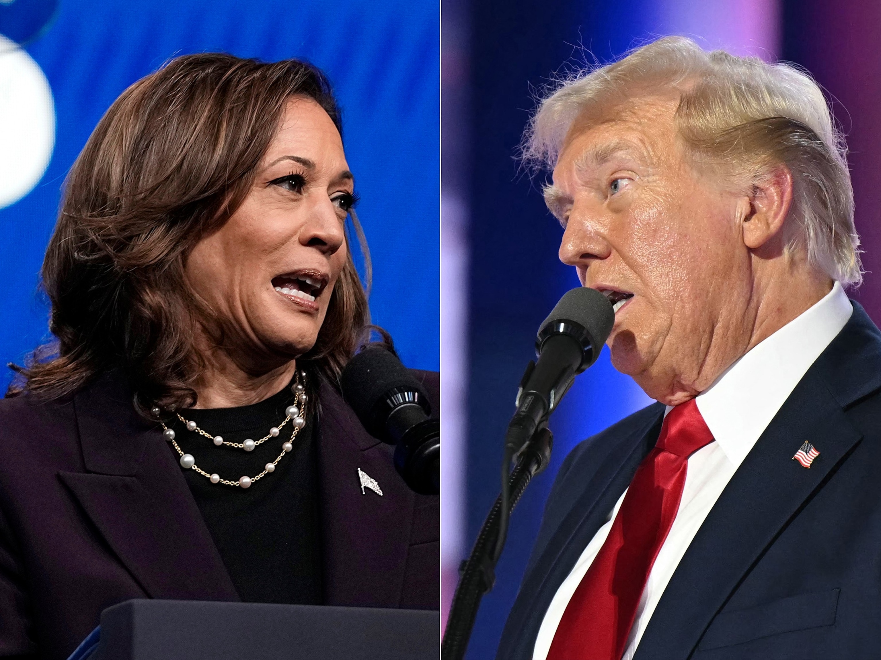 PHOTO: Vice President Kamala Harris speaks during the AFT's national convention, on July 25, 2024, in Houston, Texas. | Former President and Republican presidential candidate Donald Trump speaks at the RNC in Milwaukee, Wisconsin, on July 18, 2024. 