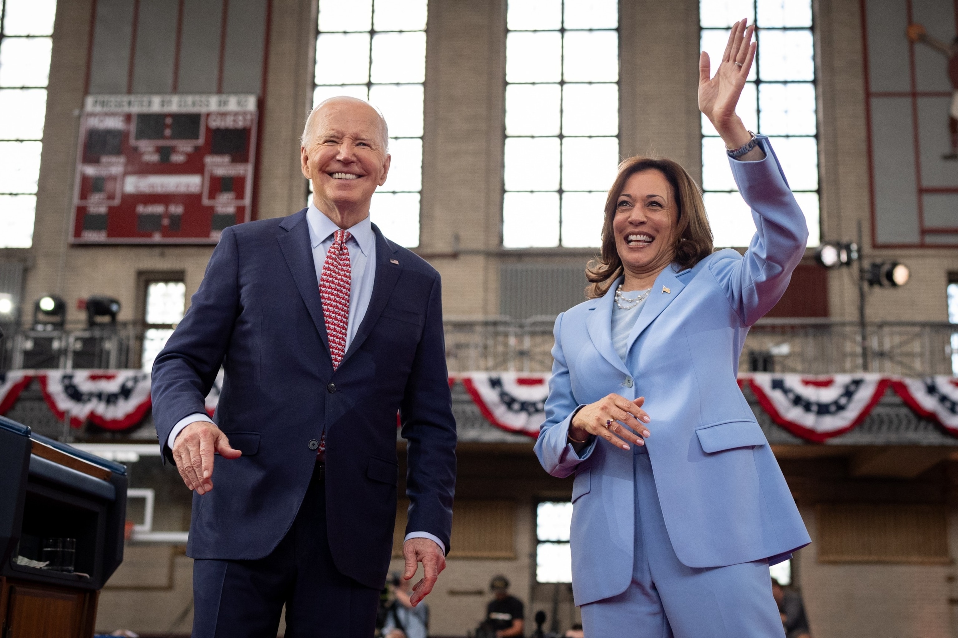 PHOTO: President Joe Biden and Vice President Kamala Harris wave to members of the audience after speaking at a campaign rally at Girard College, May 29, 2024, in Philadelphia, Pennsylvania. 