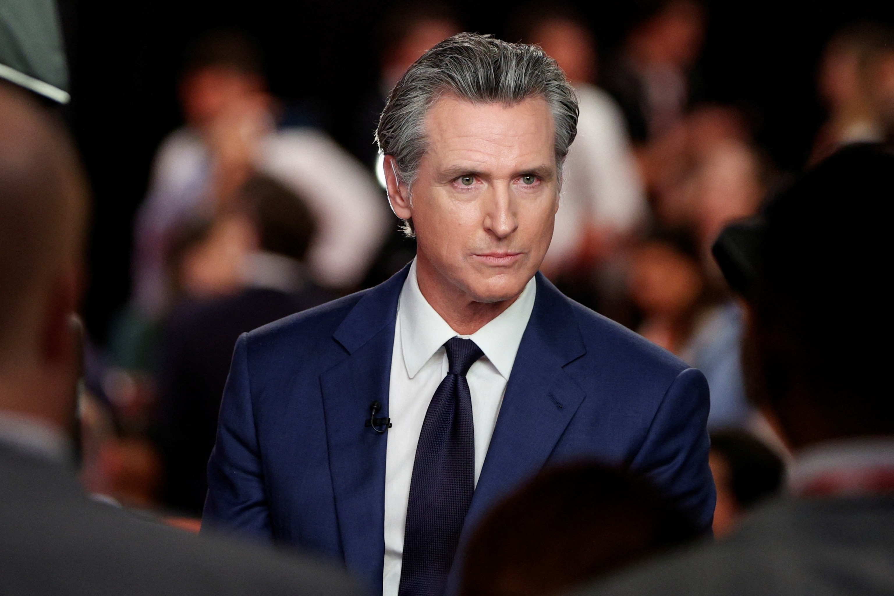 PHOTO: California Governor Gavin Newsom speaks to the members of the press on the day of the first presidential debate hosted by CNN in Atlanta, Georgia, June 27, 2024. 