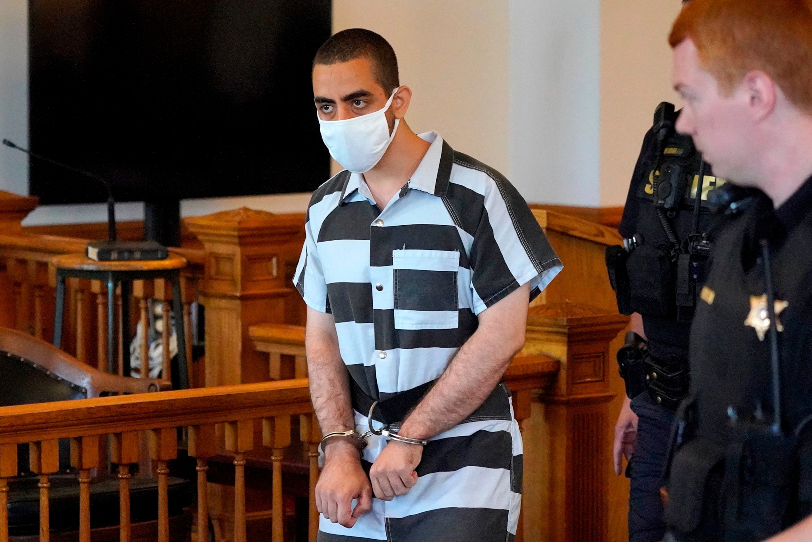 PHOTO: Hadi Matar, the man charged with stabbing author Salman Rushdie, arrives for an arraignment at the Chautauqua County Courthouse, Aug. 13, 2022, in Mayville, N.Y. 
