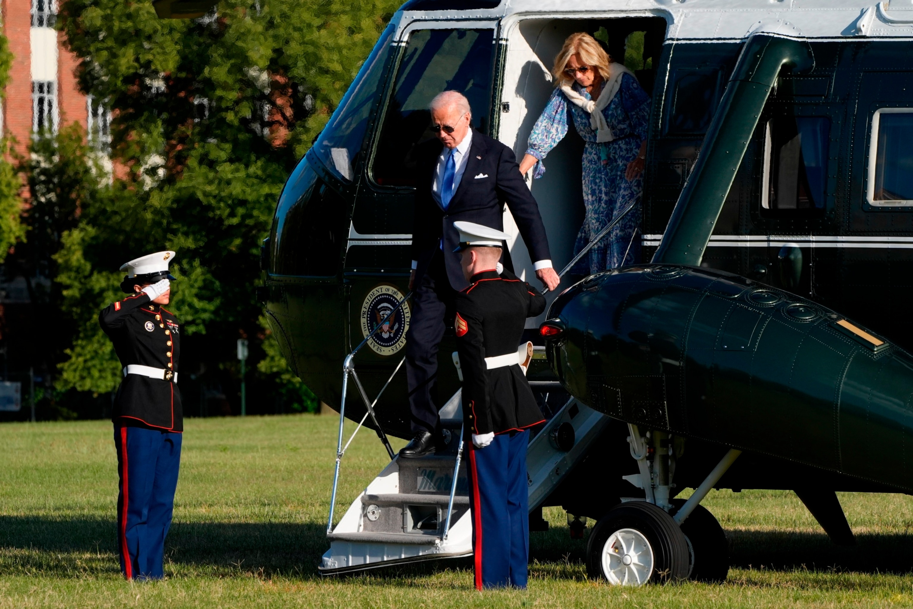 PHOTO: President Joe Biden, left, and first lady Jill Biden arrive on Marine One at Fort Lesley J. McNair, July 1, 2024, in Washington, D.C., on return from Camp David. 