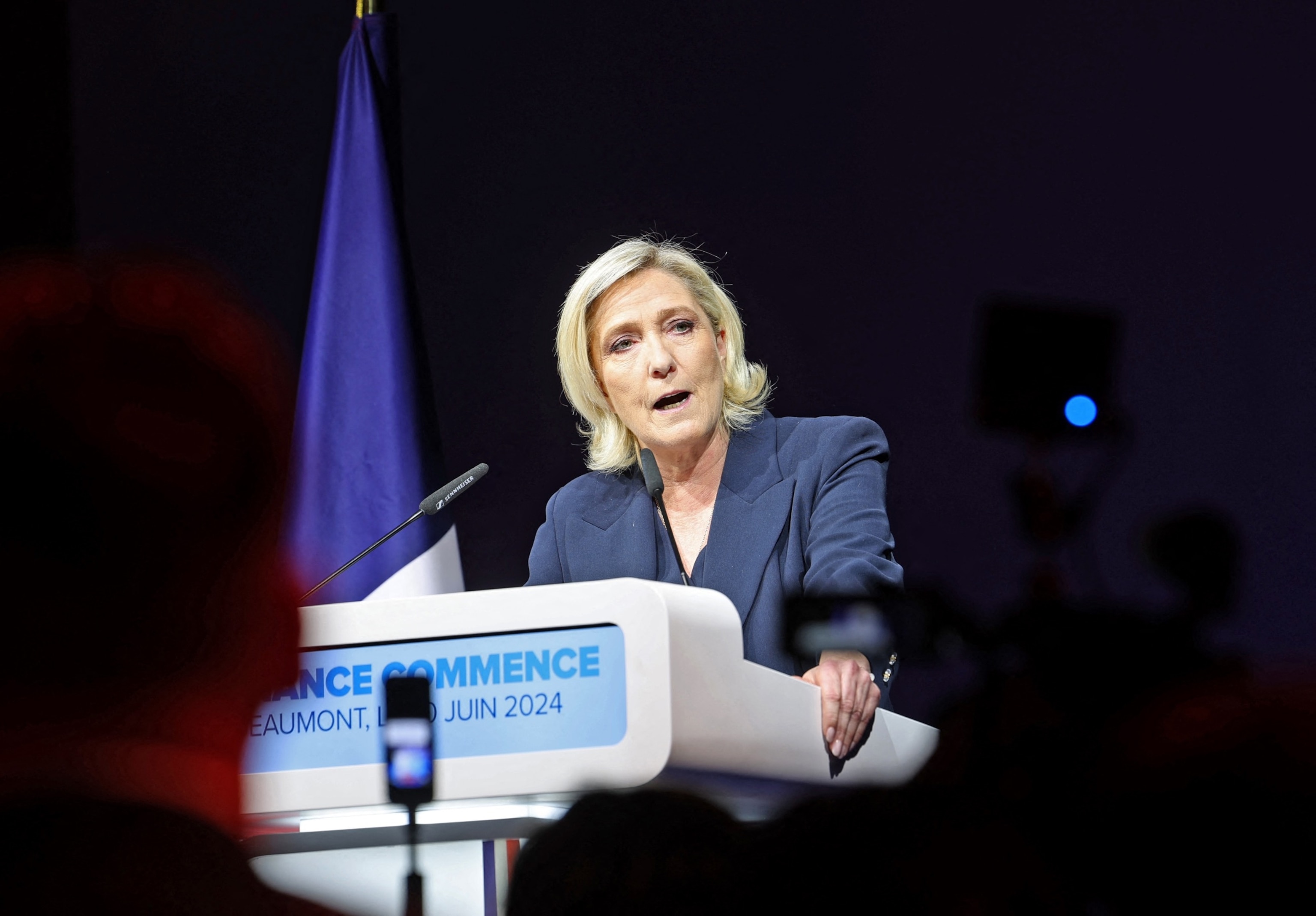 PHOTO: Former president of the French far-right Rassemblement National parliamentary group Marine Le Pen gives a speech during the results evening of the first round of the parliamentary elections in Henin-Beaumont, northern France, on June 30, 2024. 