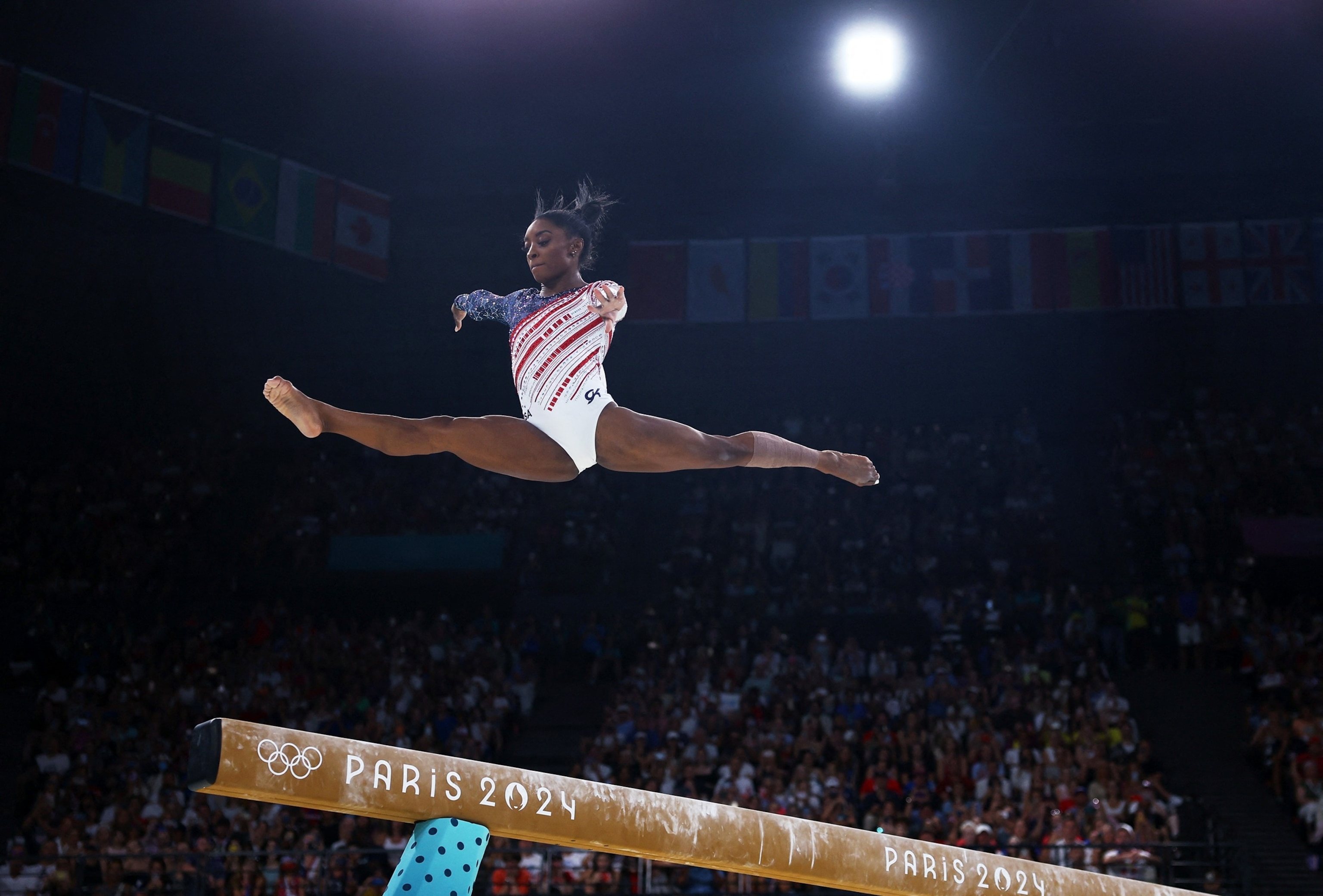 PHOTO: of U.S. competes on the balance beam during the artistic gymnastics women's team final at the 2024 Paris Olympics, July 30, 2024.