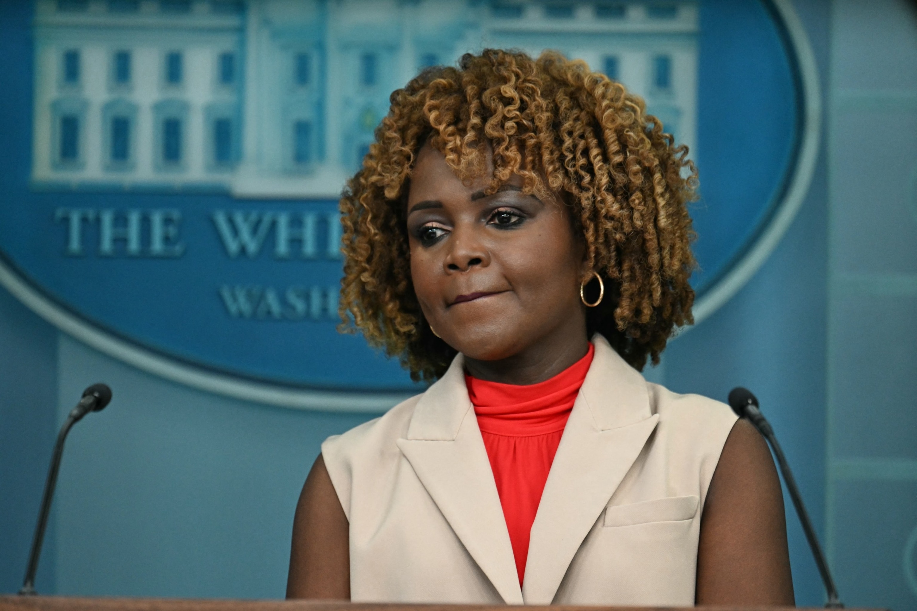 PHOTO: White House Press Secretary Karine Jean-Pierre listens during the daily briefing in the Brady Briefing Room of the White House in Washington, DC, July 3, 2024. 