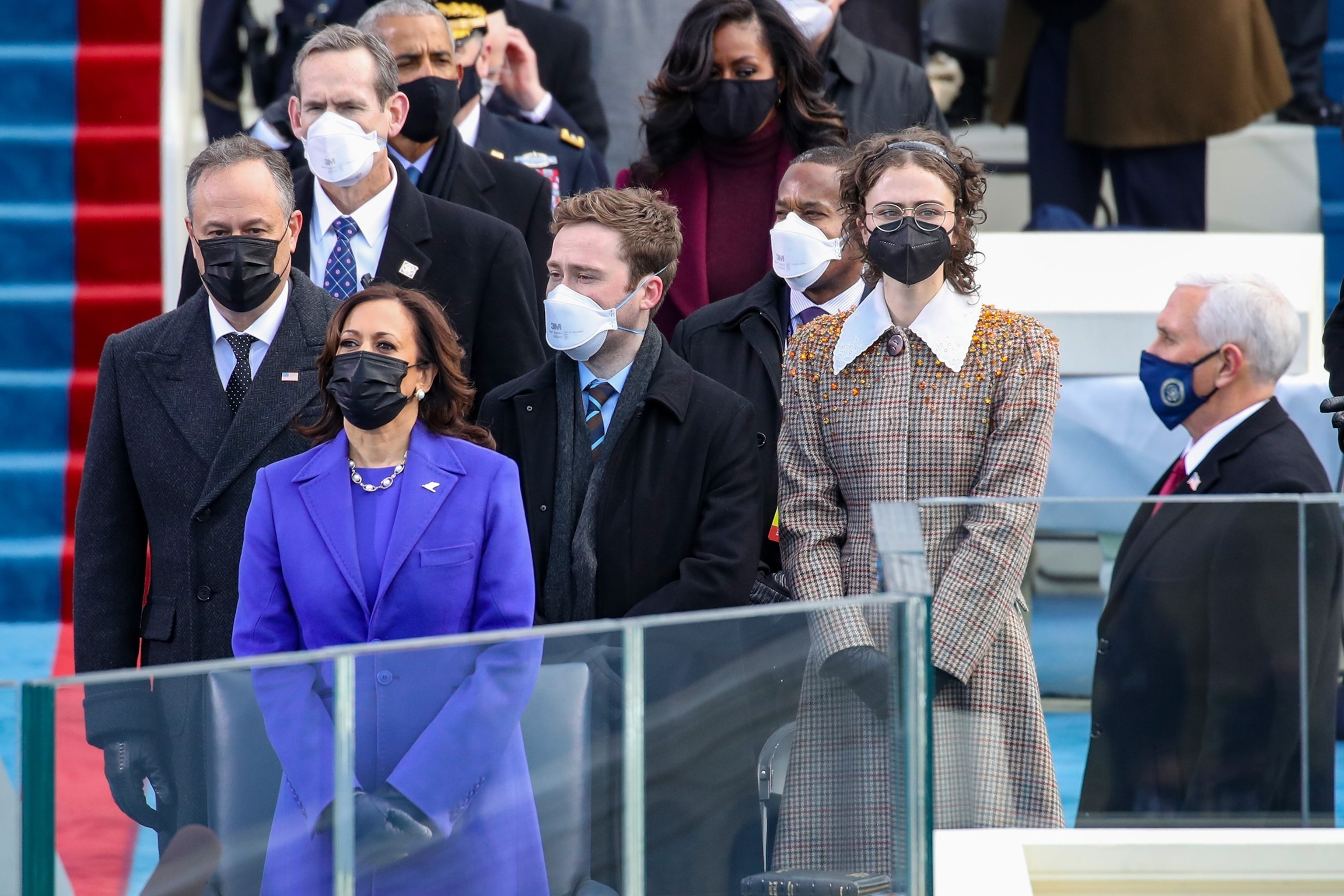 PHOTO: Doug Emhoff, Vice President Elect Kamala Harris, Cole Emhoff,  Ella Emhoff, and Vice President Mike Pence stand at the inauguration of President-elect Joe Biden in Washington, DC, Jan. 20, 2021.