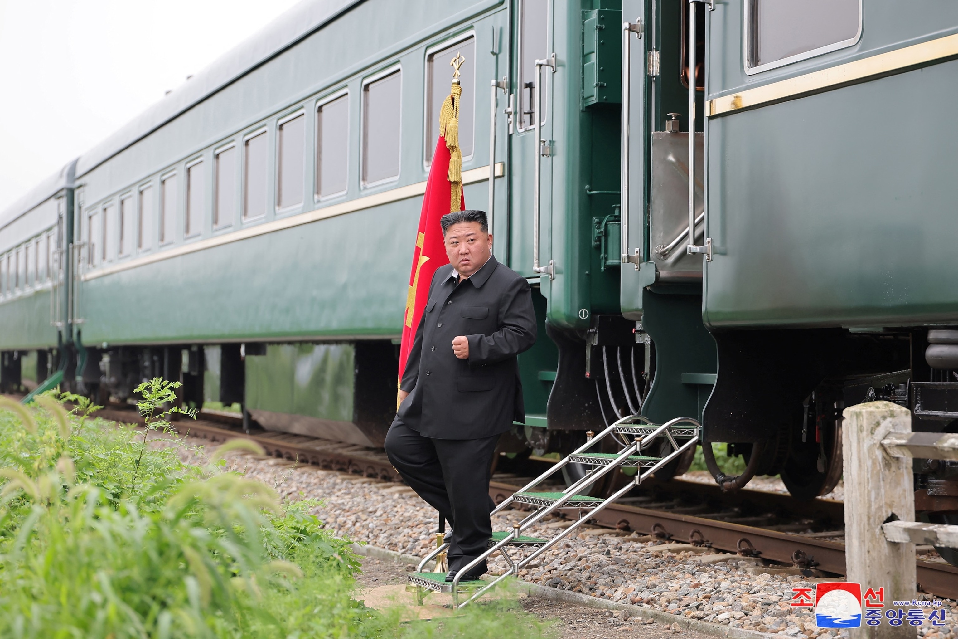 PHOTO: North Korean leader Kim Jong Un steps off a train during a visit to a flood-affected area near the border with China, in North Pyongan Province, North Korea, in this undated photo released July 31, 2024 by the Korean Central News Agency.  